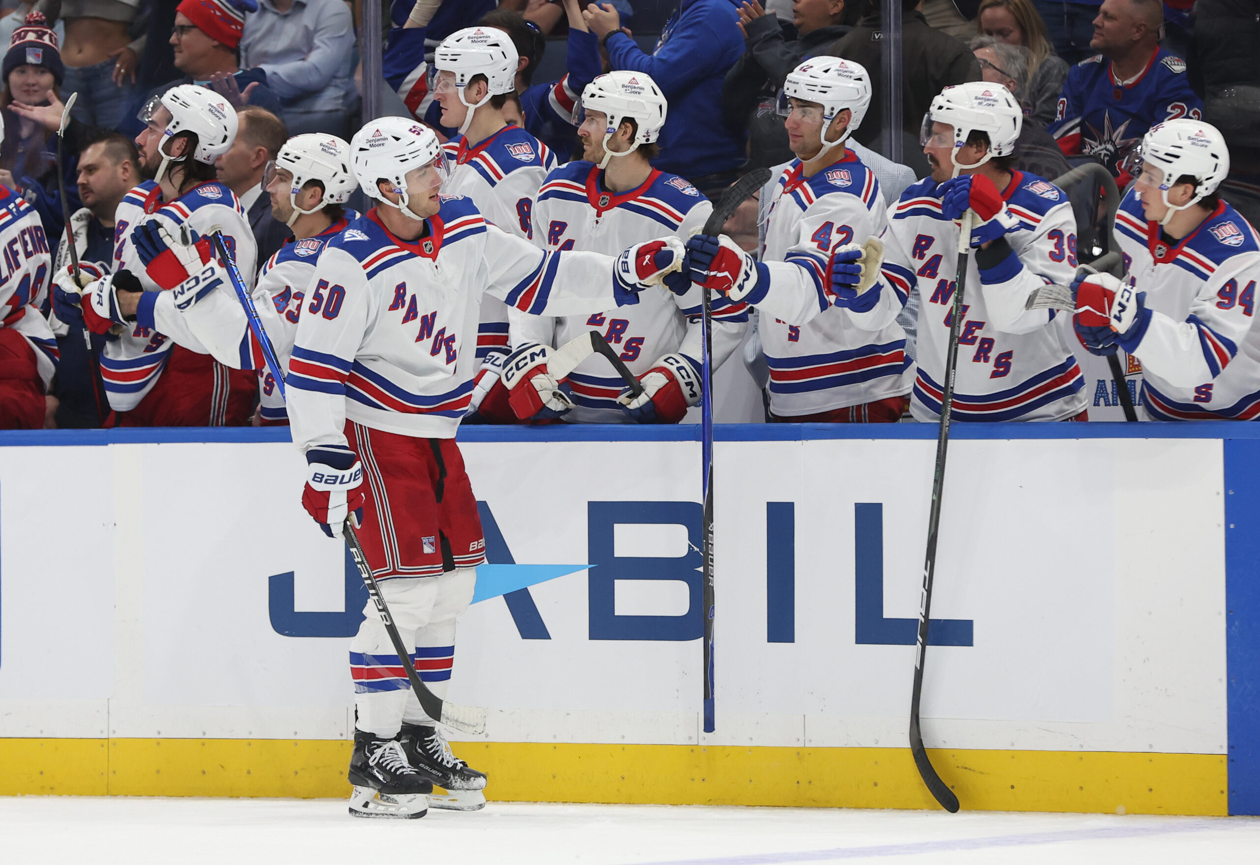 Nov 12, 2025; Tampa, Florida, USA; New York Rangers left wing Will Cuylle (50) scores a goal against the Tampa Bay Lightning during the third period at Benchmark International Arena. Mandatory Credit: Kim Klement Neitzel-Imagn Images
