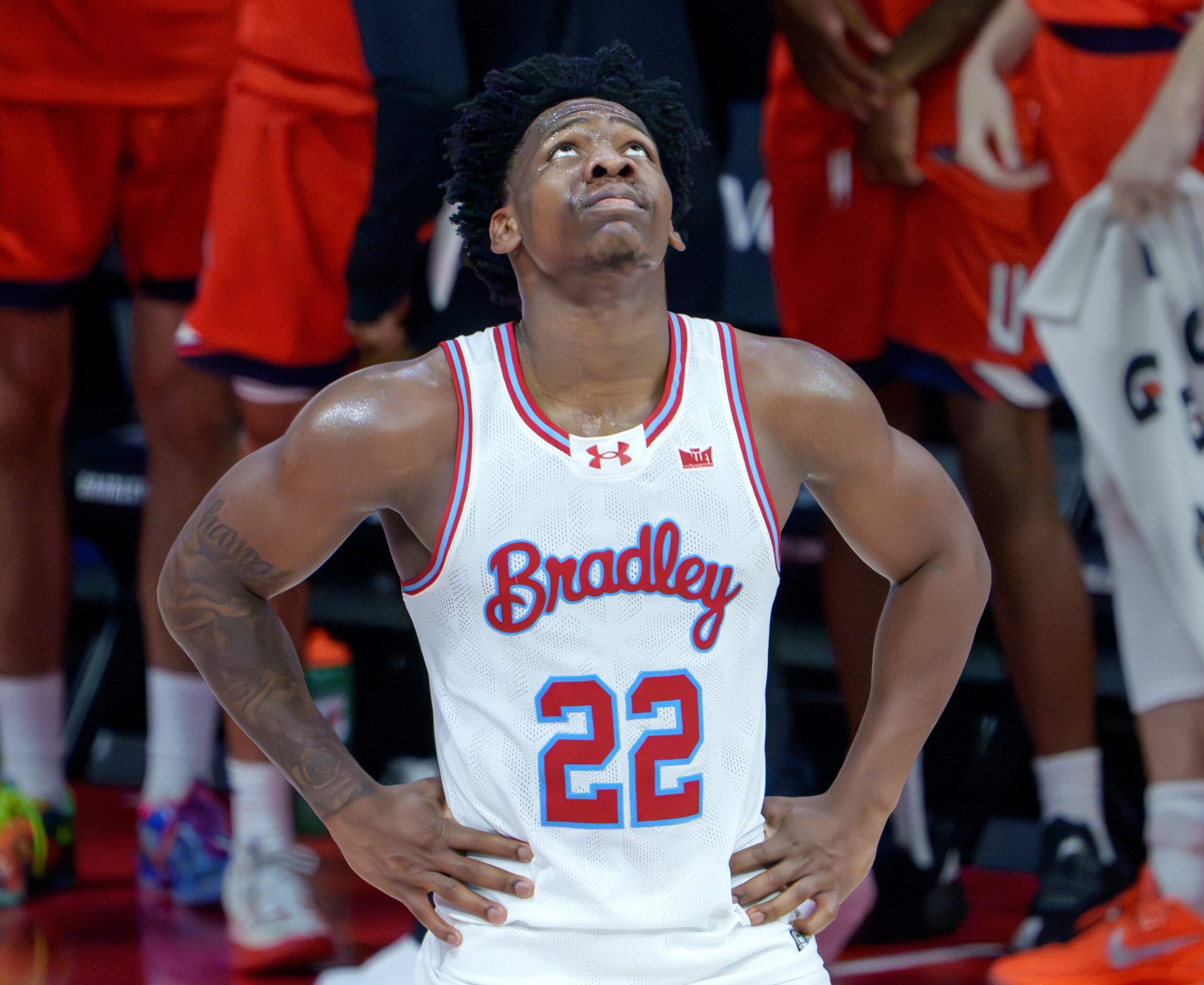 Bradley’s Jaquan Johnson reacts as the clock winds down on the Braves’ 78-67 loss to UT-Martin on Wednesday, Nov. 12, 2025 at Carver Arena in Peoria.