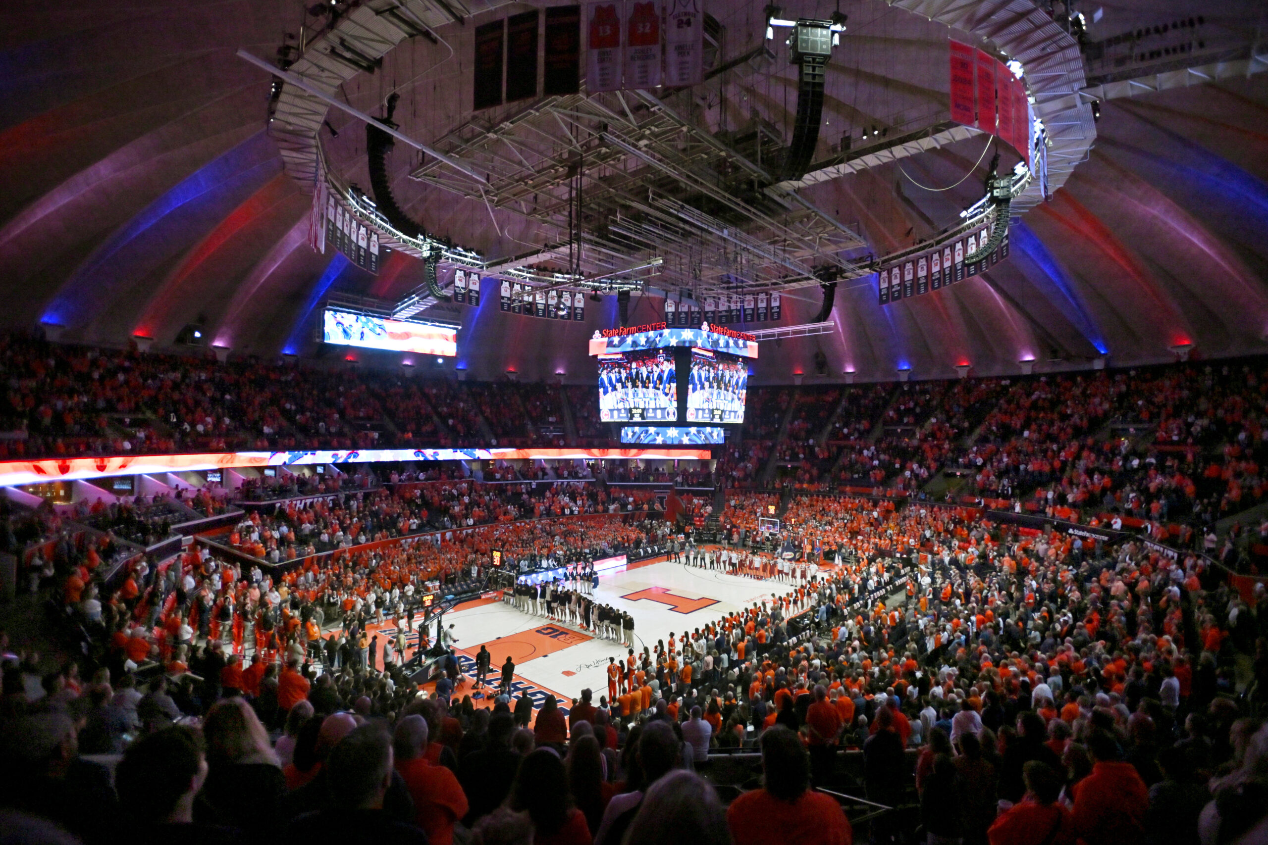 Nov 14, 2025; Champaign, Illinois, USA;  A general view of State Farm Center before the tip with the Colgate Raiders Mandatory Credit: Ron Johnson-Imagn Images