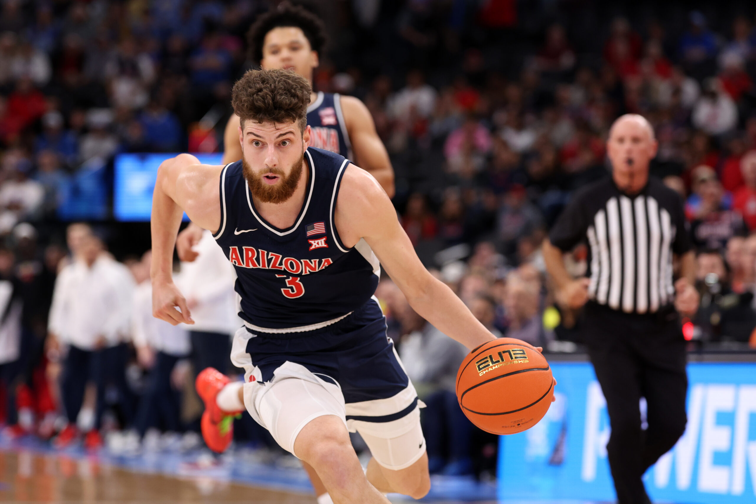 Nov 14, 2025; Inglewood, California, USA;  Arizona Wildcats guard Anthony Dell'Orso (3) dribbles the ball during the first half of the Hall of Fame Series game against the UCLA Bruins at Intuit Dome. Mandatory Credit: Kiyoshi Mio-Imagn Images