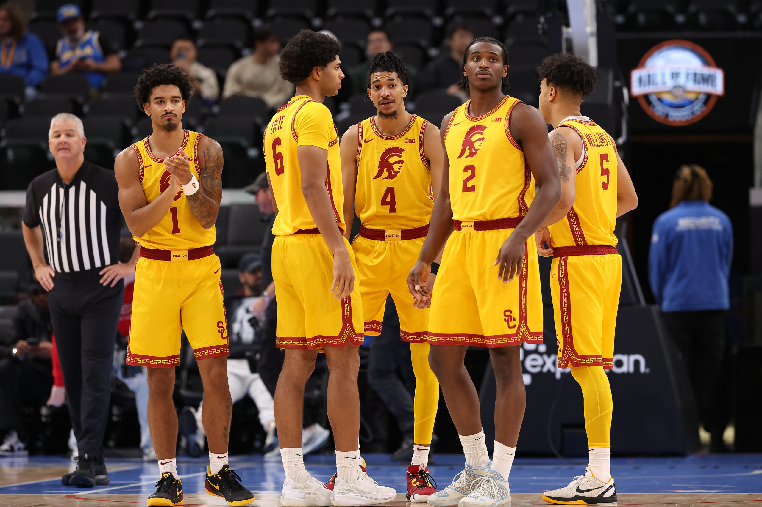Nov 14, 2025; Inglewood, California, USA;  Southern California Trojans guard Rodney Rice (1) and forward Jacob Cofie (6) and forward Chad Baker-Mazara (4) and forward Ezra Ausar (2) and forward Terrance Williams II (5) huddle during the first half of the Hall of Fame Series game against the Illinois State Redbirds at Intuit Dome. Mandatory Credit: Kiyoshi Mio-Imagn Images