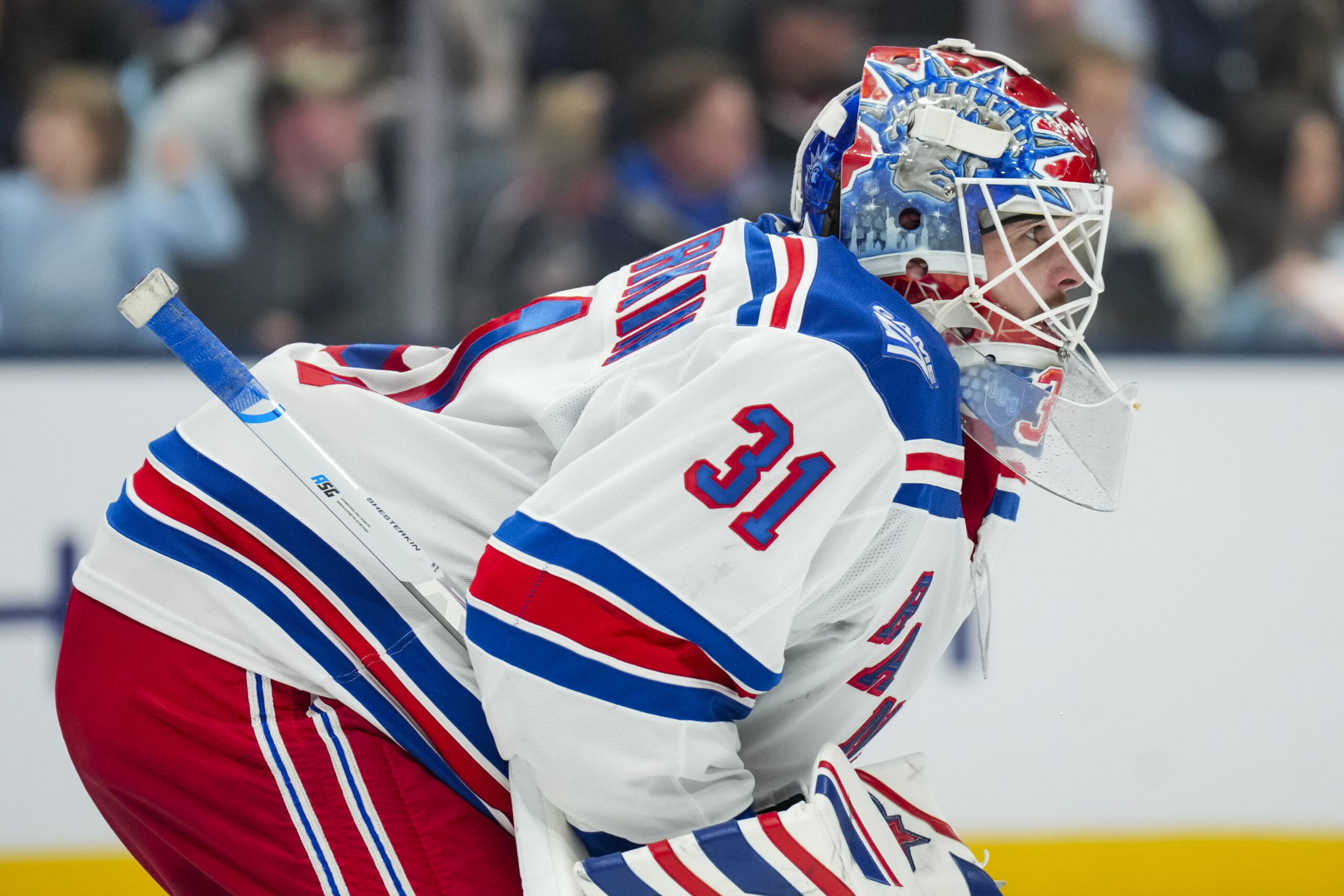 Nov 15, 2025; Columbus, Ohio, USA;  New York Rangers goaltender Igor Shesterkin (31) defends the net against the Columbus Blue Jackets in the second period at Nationwide Arena. Mandatory Credit: Aaron Doster-Imagn Images