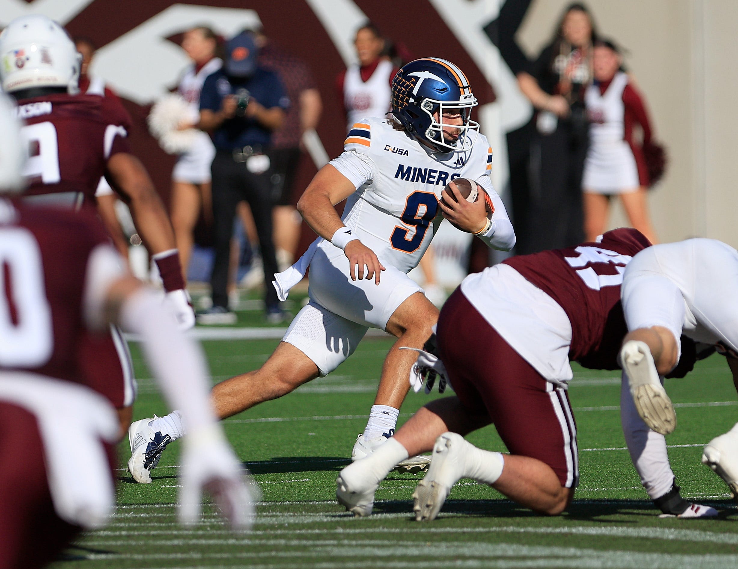 UTEP quarterback Skyler Locklear (9) carries the ball during the game against Missouri State on Saturday, Nov. 15, 2025.