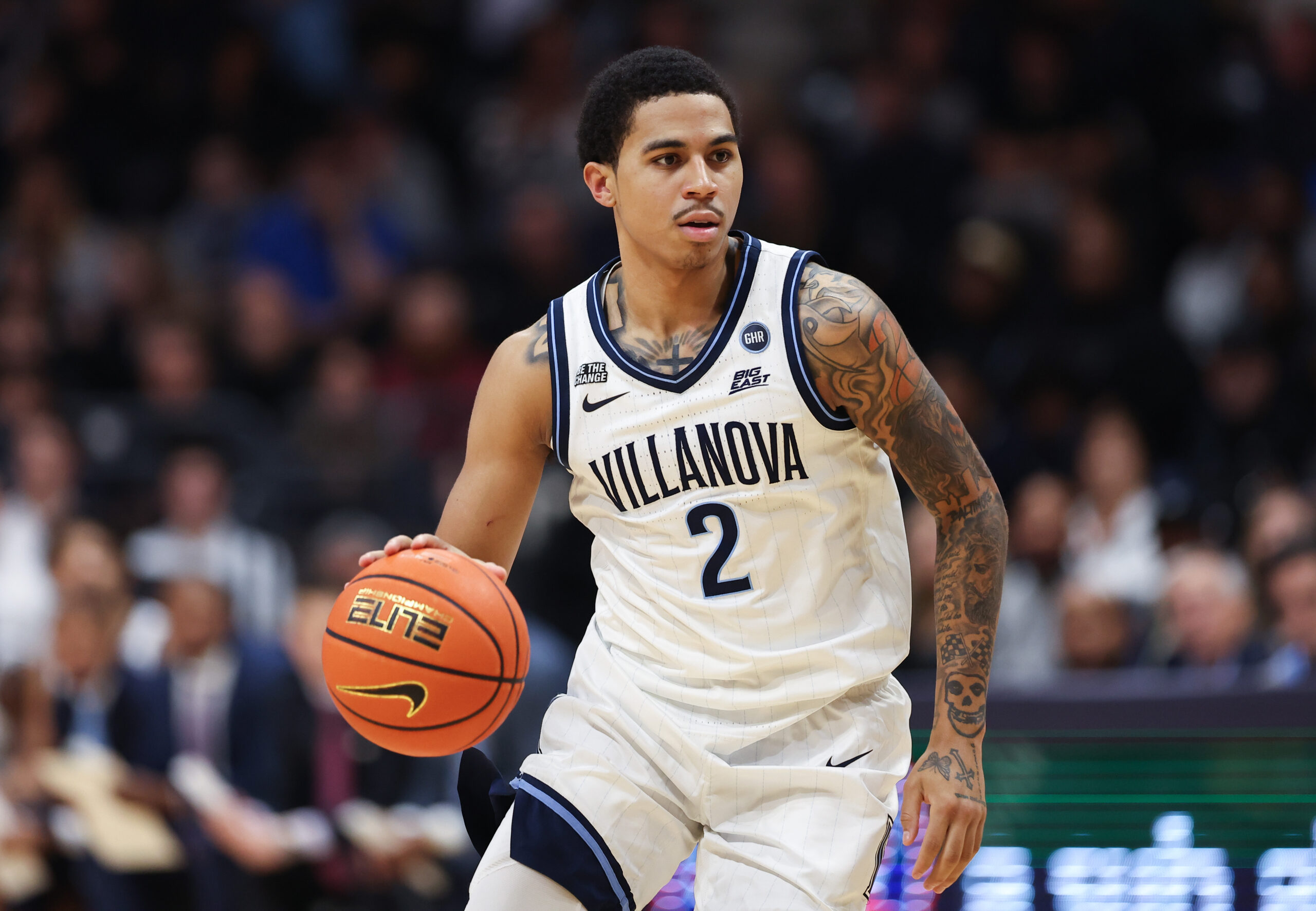Nov 15, 2025; Villanova, Pennsylvania, USA; Villanova Wildcats guard Bryce Lindsay (2) controls the ball against the Duquesne Dukes during the first half at William B. Finneran Pavilion. Mandatory Credit: Bill Streicher-Imagn Images