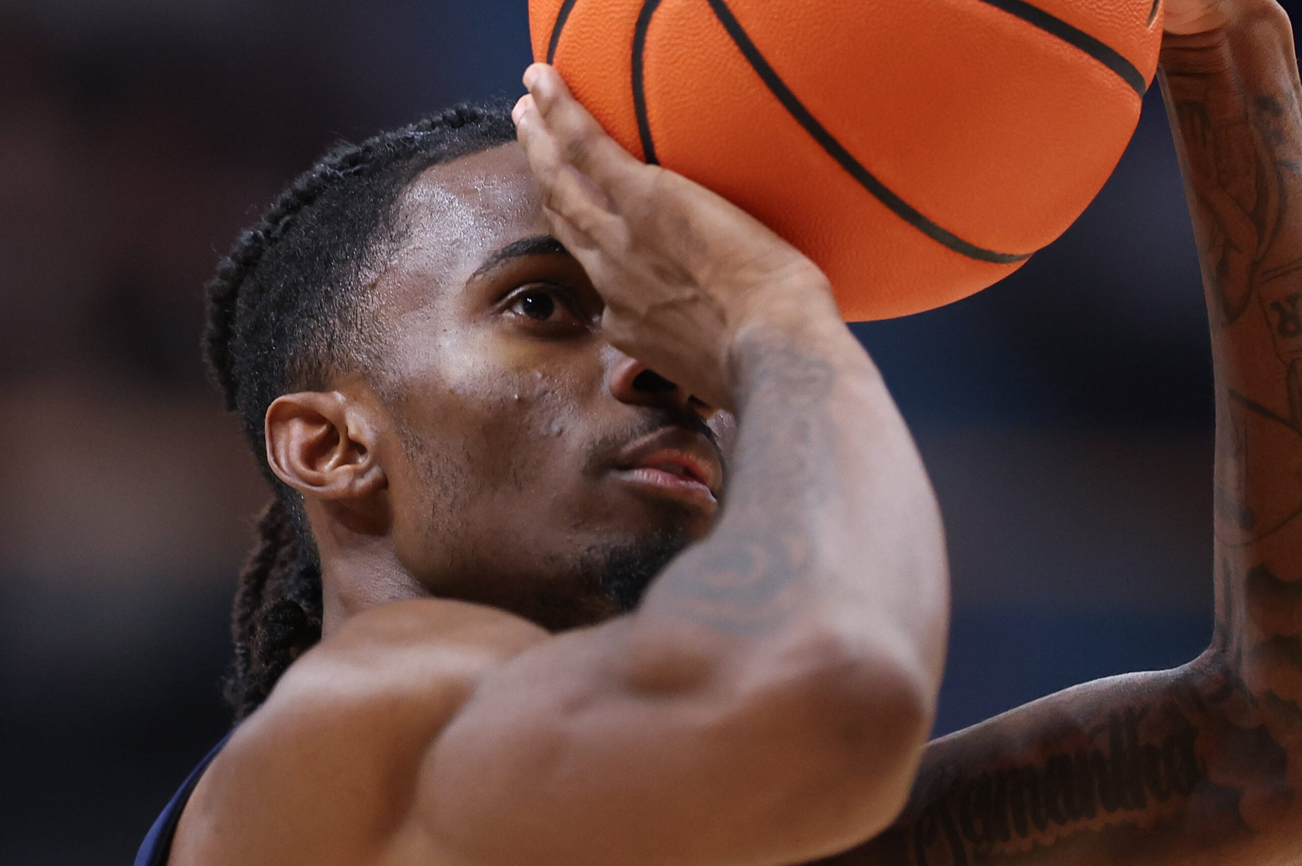 Nov 15, 2025; Villanova, Pennsylvania, USA; Duquesne Dukes guard Tarence Guinyard (1) shoots a foul shot against the Villanova Wildcats during the second half at William B. Finneran Pavilion. Mandatory Credit: Bill Streicher-Imagn Images