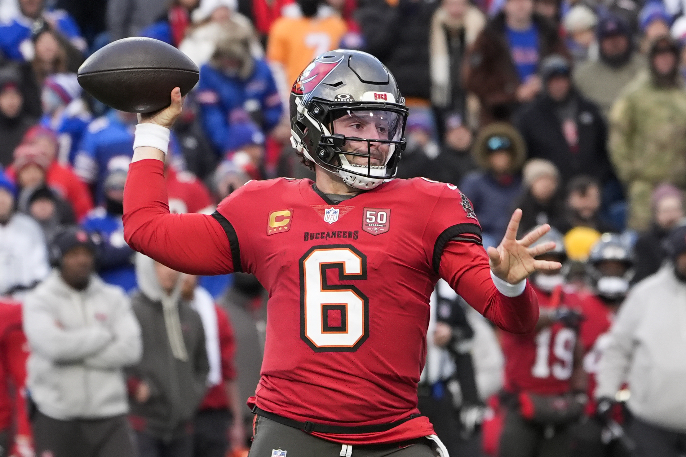 Nov 16, 2025; Orchard Park, New York, USA;  Tampa Bay Buccaneers quarterback Baker Mayfield (6) throws a pass against the Buffalo Bills during the second half of the game at Highmark Stadium. Mandatory Credit: Gregory Fisher-Imagn Images