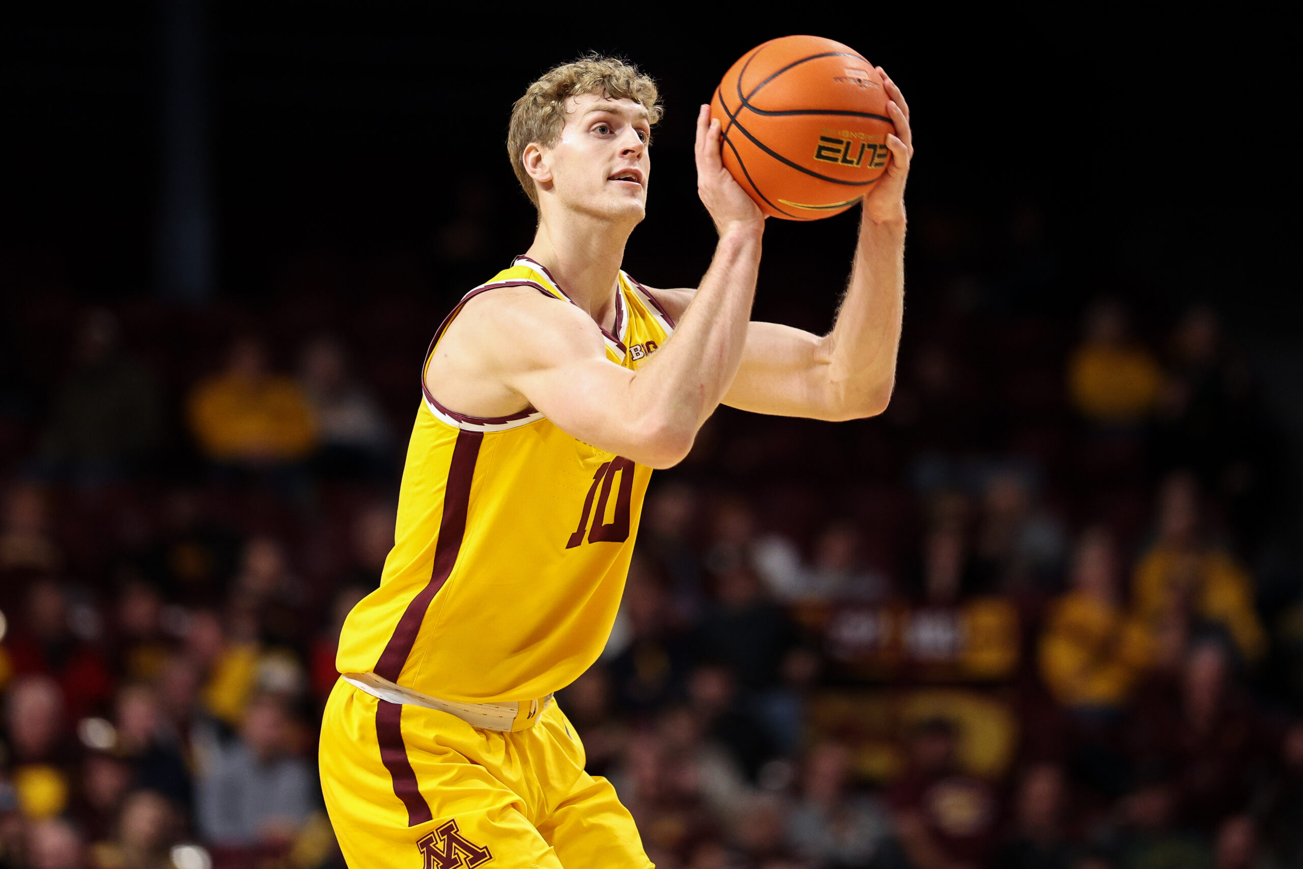Nov 18, 2025; Minneapolis, Minnesota, USA; Minnesota Golden Gophers forward Cade Tyson (10) shoots against the Chicago State Cougars during the first half at Williams Arena. Mandatory Credit: Matt Krohn-Imagn Images