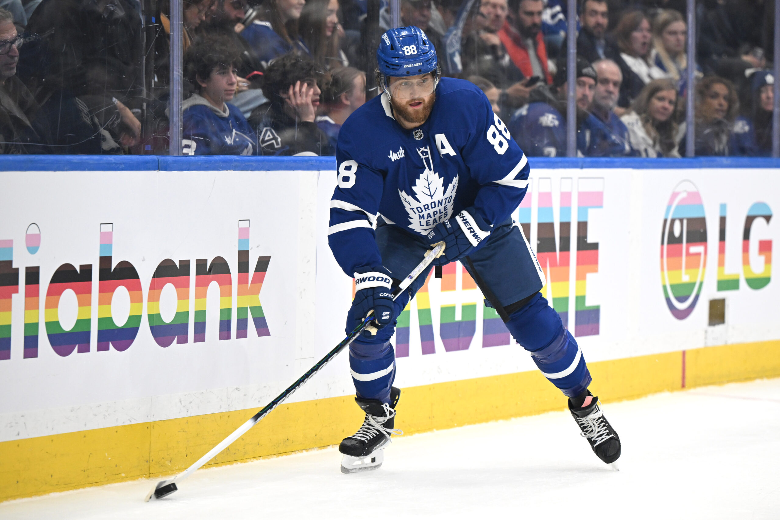 Nov 18, 2025; Toronto, Ontario, CAN;  Toronto Maple Leafs forward William Nylander (88) skates with the puck against the St. Louis Blues in the third period at Scotiabank Arena. Mandatory Credit: Dan Hamilton-Imagn Images