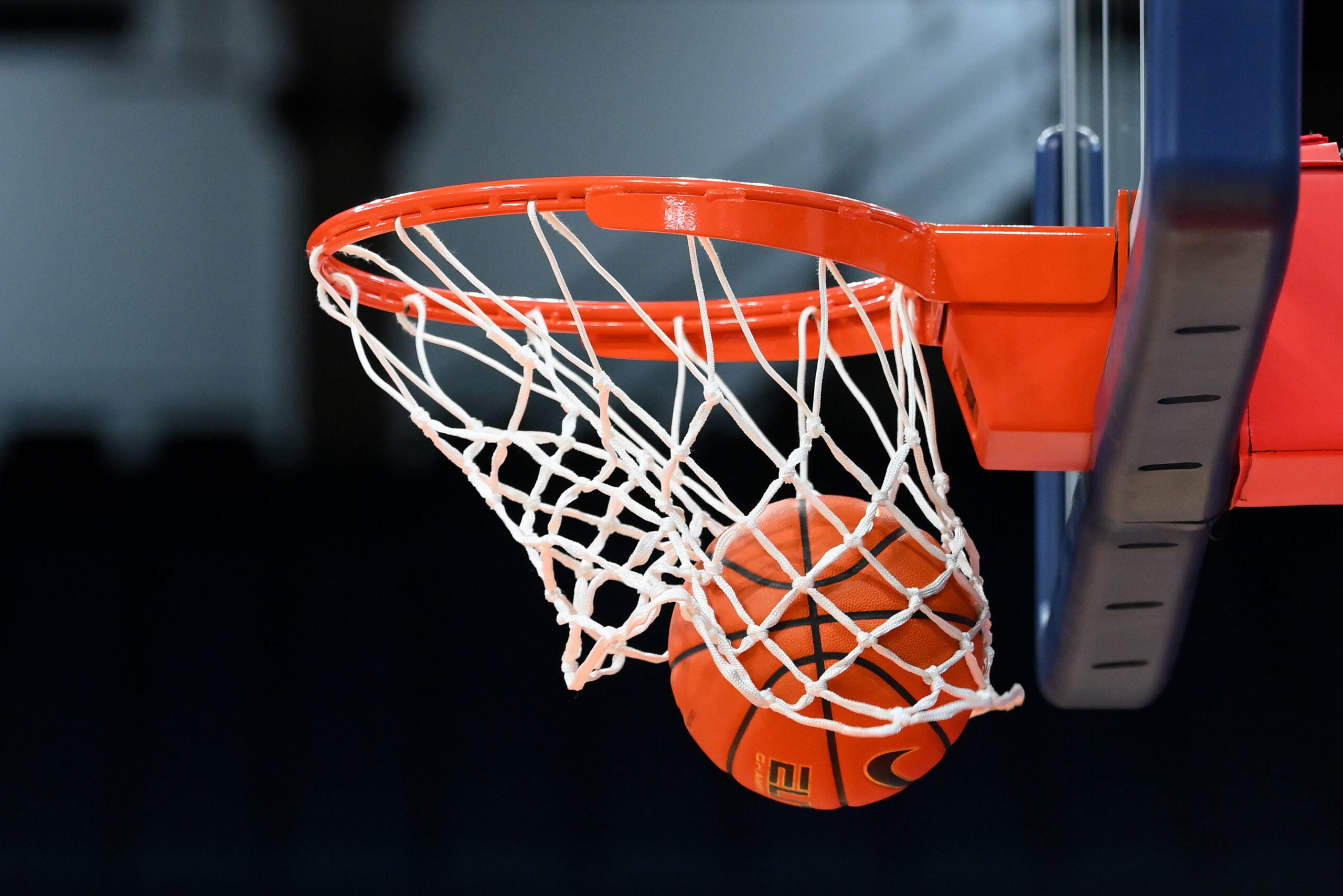 Nov 18, 2025; Syracuse, New York, USA; General view of a ball going through the net prior to the game between the Monmouth Hawks and the Syracuse Orange at the JMA Wireless Dome. Mandatory Credit: Rich Barnes-Imagn Images