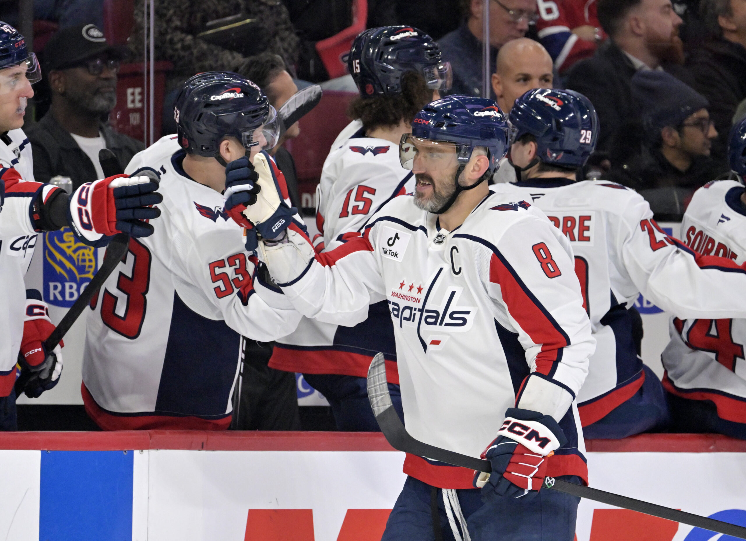 Nov 20, 2025; Montreal, Quebec, CAN; Washington Capitals forward Alex Ovechkin (8) celebrates with teammates after scoring a goal against the Montreal Canadiens  during the third period at the Bell Centre. Mandatory Credit: Eric Bolte-Imagn Images