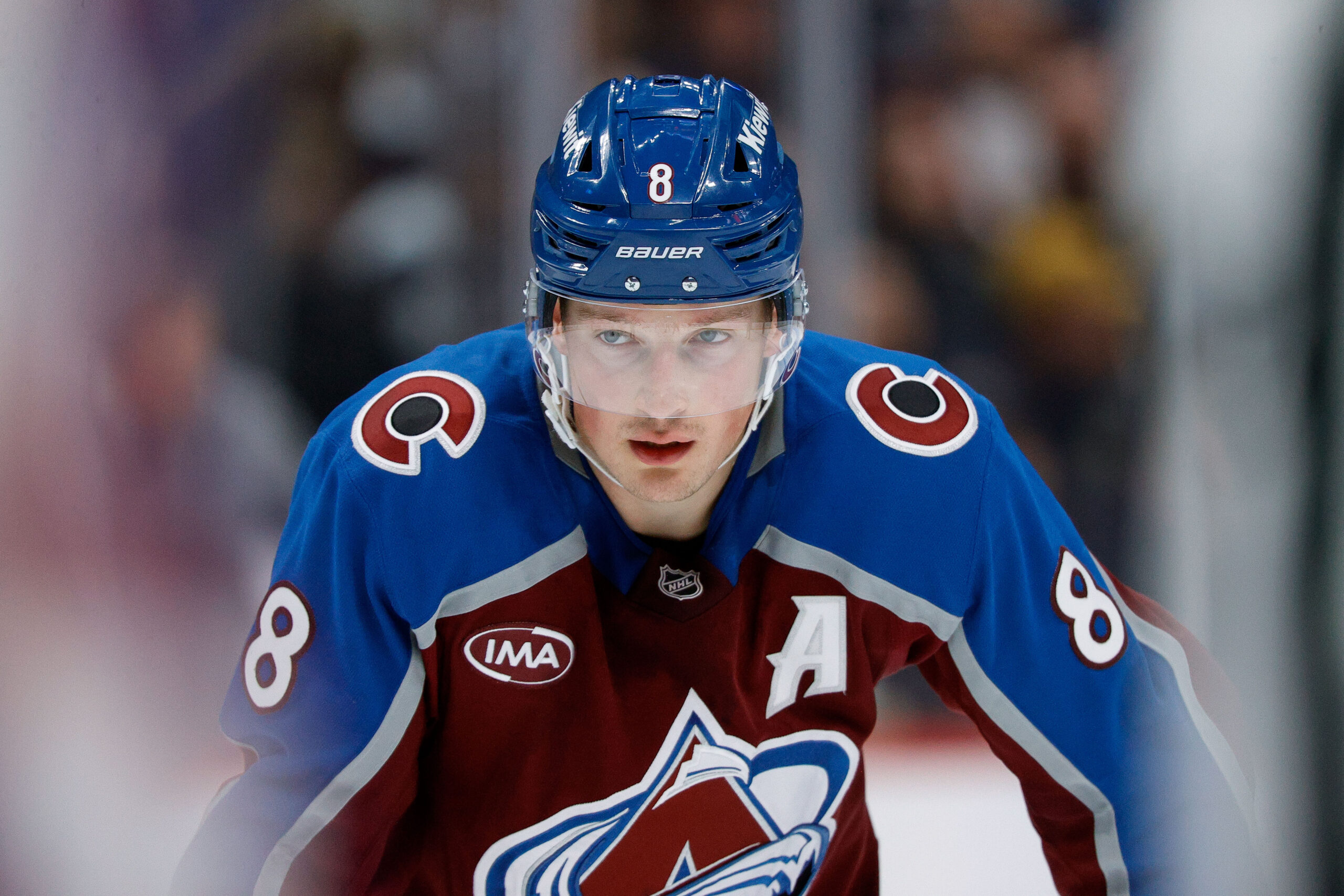 Nov 20, 2025; Denver, Colorado, USA; Colorado Avalanche defenseman Cale Makar (8) in the second period against the New York Rangers at Ball Arena. Mandatory Credit: Isaiah J. Downing-Imagn Images