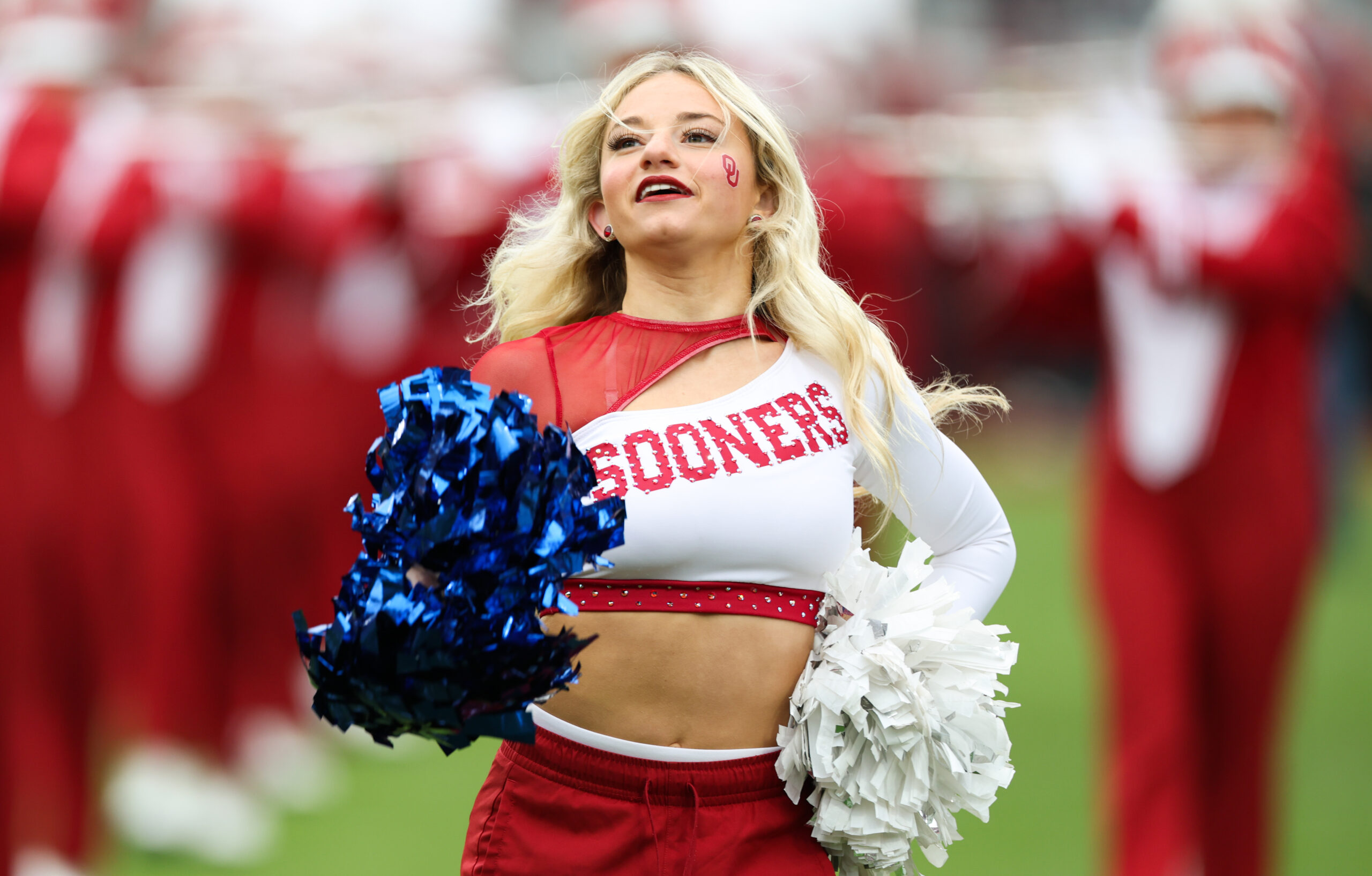 Nov 22, 2025; Norman, Oklahoma, USA;  Oklahoma Sooners cheerleader before the game against the Missouri Tigers at Gaylord Family-Oklahoma Memorial Stadium. Mandatory Credit: Kevin Jairaj-Imagn Images