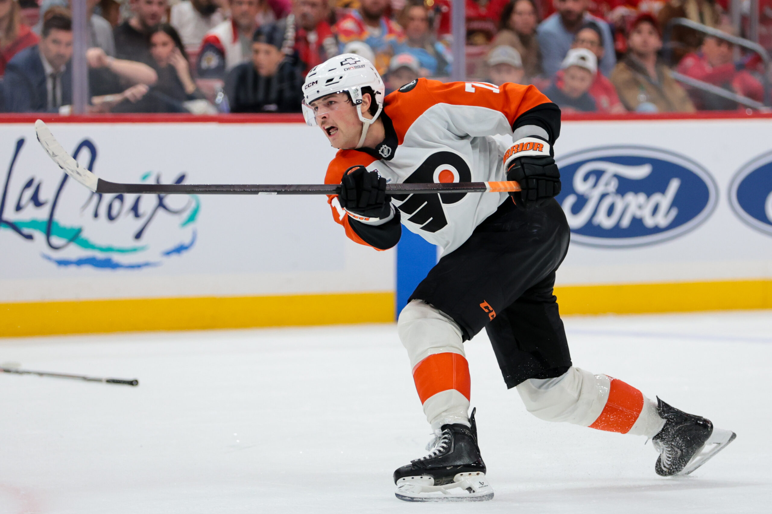 Nov 26, 2025; Sunrise, Florida, USA; Philadelphia Flyers right wing Tyson Foerster (71) scores against the Florida Panthers during the third period at Amerant Bank Arena. Mandatory Credit: Sam Navarro-Imagn Images