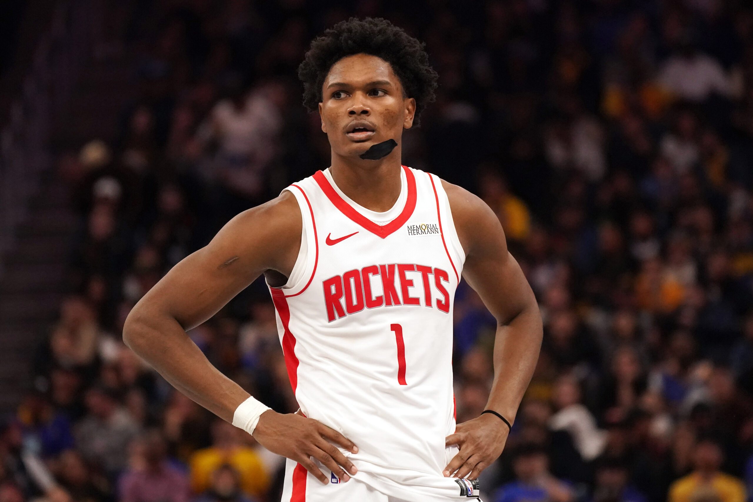 Nov 26, 2025; San Francisco, California, USA;  Houston Rockets guard-forward Amen Thompson (1) waits for play to resume against the Golden State Warriors in the third quarter at Chase Center. Mandatory Credit: David Gonzales-Imagn Images
