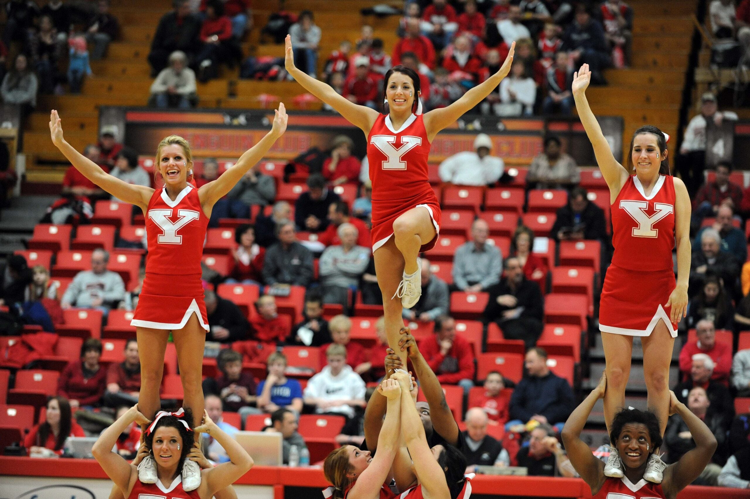January 20, 2012; Youngstown, OH, USA: Youngstown State Penguins cheerleaders perform during the game against the Milwaukee Panthers at Beeghly Center.  Mandatory Credit: Eric P. Mull-USPRESSWIRE