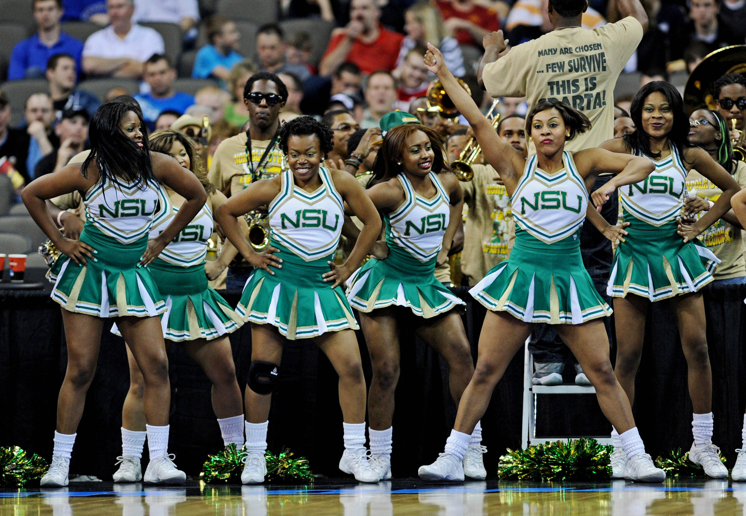 Mar 16, 2012; Omaha, NE, USA; The Norfolk State Spartans cheerleaders perform during a game a game against the Missouri Tigers in the second round of the 2012 NCAA men's basketball tournament at the Century Link Center.  Norfolk State defeated Missouri 86-84.  Mandatory Credit: Peter G. Aiken-Imagn Images