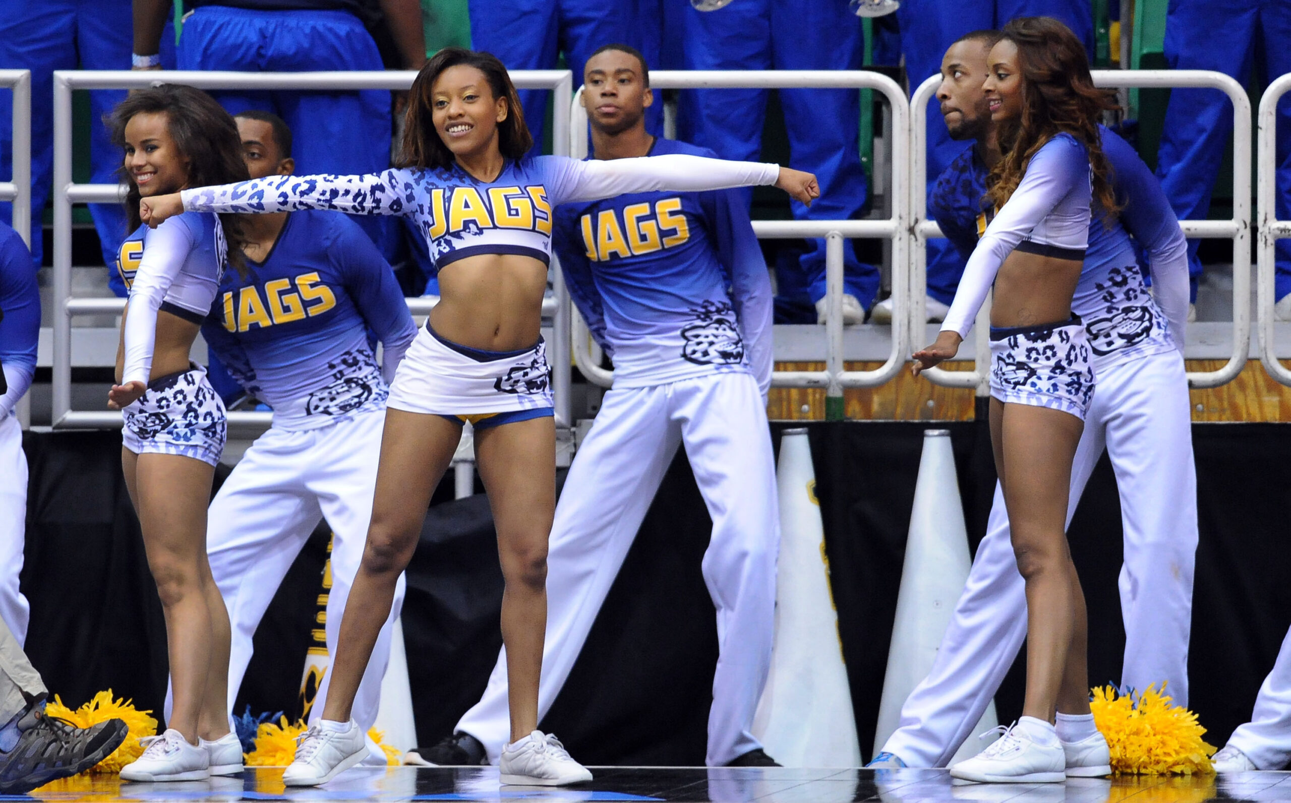 Mar 21, 2013; Salt Lake City, UT, USA; Members of the Southern University Jaguars cheerleaders perform in the second half of the game against the Gonzaga Bulldogs during the second round of the 2013 NCAA tournament at EnergySolutions Arena. Gonzaga won the game 64-58. Mandatory Credit: Steve Dykes-Imagn Images