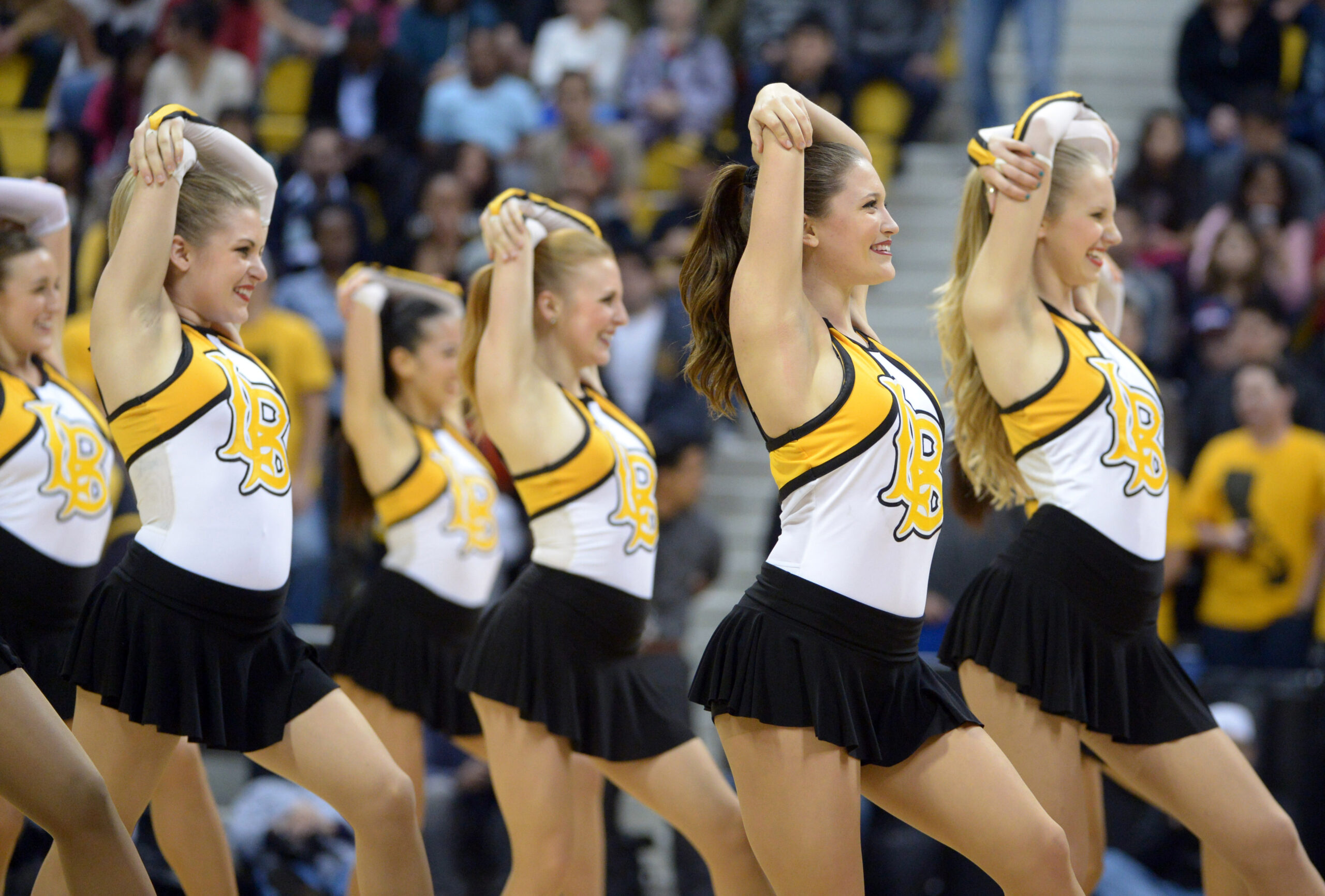 Dec 19, 2013; Long Beach, CA, USA; Long Beach State 49ers dance team cheerleaders perform during the game against the Southern California Trojans at Walter Pyramid. Mandatory Credit: Kirby Lee-Imagn Images