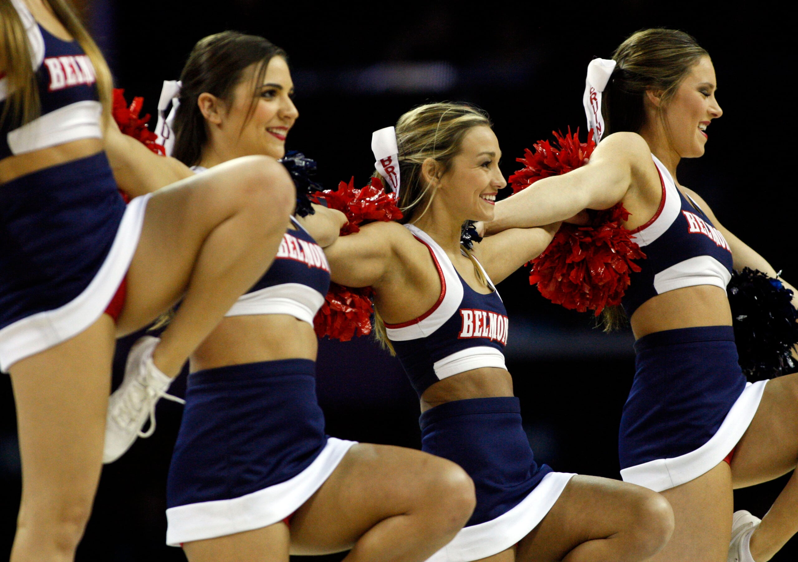 Mar 20, 2015; Charlotte, NC, USA; The Belmont Bruins cheerleaders perform during the first half against the Virginia Cavaliers in the second round of the 2015 NCAA Tournament at Time Warner Cable Arena. Mandatory Credit: Jeremy Brevard-Imagn Images