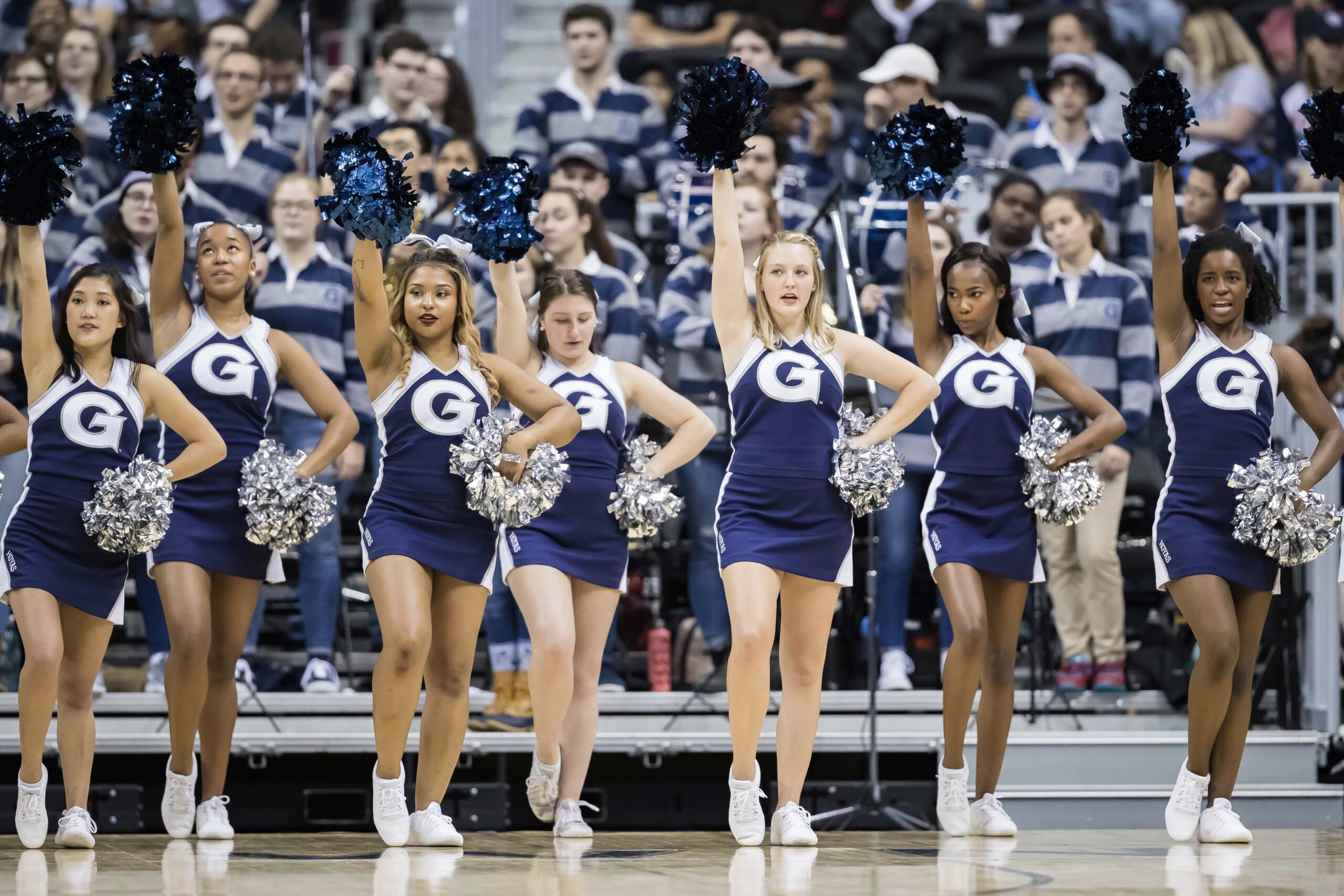 Nov 6, 2018; Washington, DC, USA; Georgetown Hoyas cheerleaders perform during the first half of the game against the Maryland-Eastern Shore Hawks at Capital One Arena. Mandatory Credit: Scott Taetsch-Imagn Images