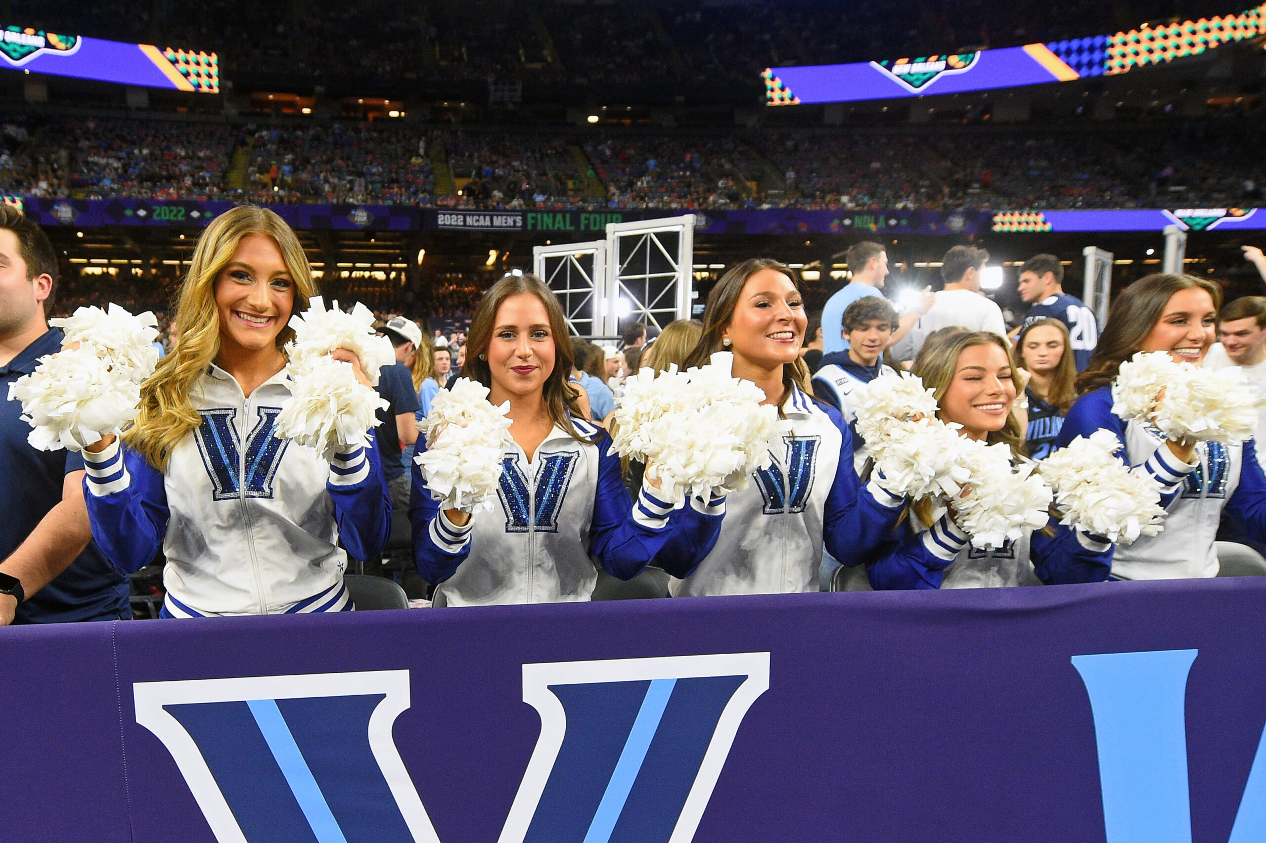 Apr 2, 2022; New Orleans, LA, USA; The Villanova Wildcats cheerleaders before the game against the Kansas Jayhawks during the 2022 NCAA men's basketball tournament Final Four semifinals at Caesars Superdome. Mandatory Credit: Bob Donnan-Imagn Images