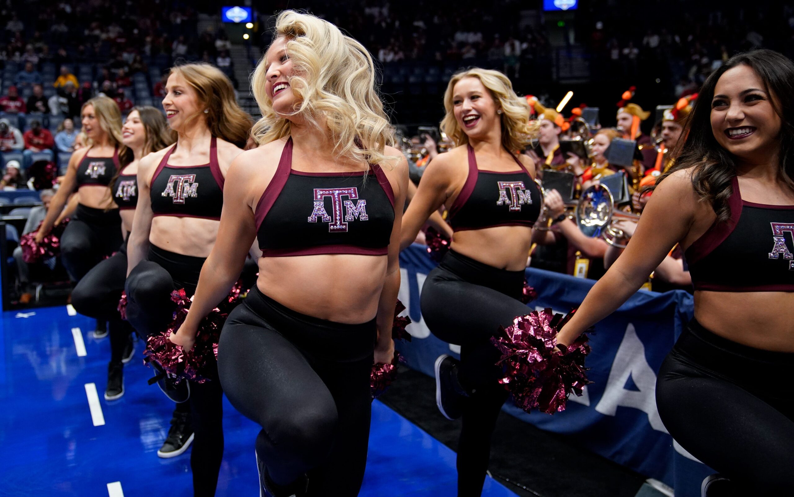 Texas A&M cheerleaders do a routine before the championship SEC Men   s Basketball Tournament game at Bridgestone Arena Sunday, March 12, 2023, in Nashville, Tenn.

Sec Basketball Alabama Vs Texas A M
