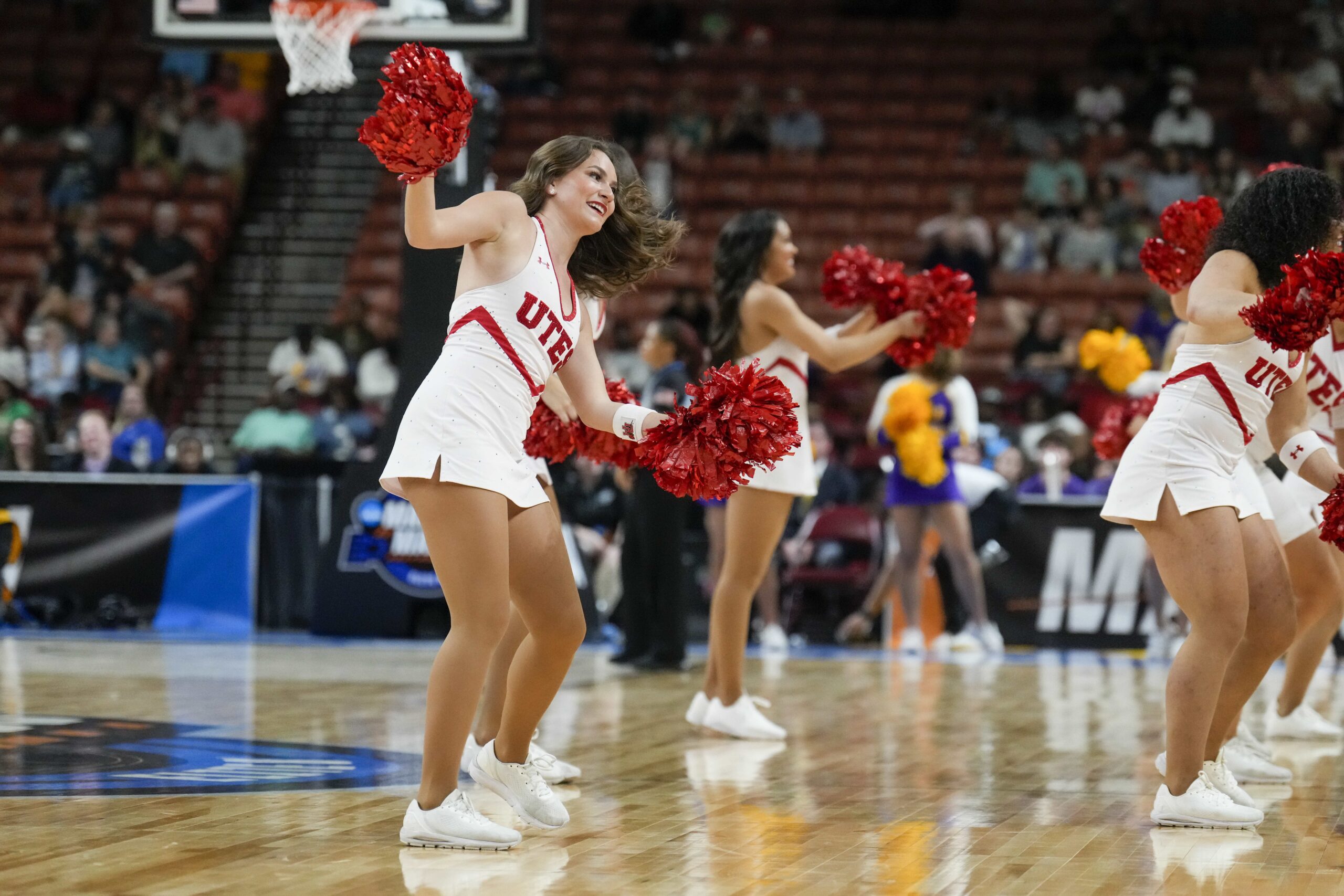 Mar 24, 2023; Greenville, SC, USA; Utah Utes cheerleaders during the first half against the LSU Lady Tigers at the NCAA Women s Tourney at Bon Secours Wellness Arena. Mandatory Credit: Jim Dedmon-Imagn Images