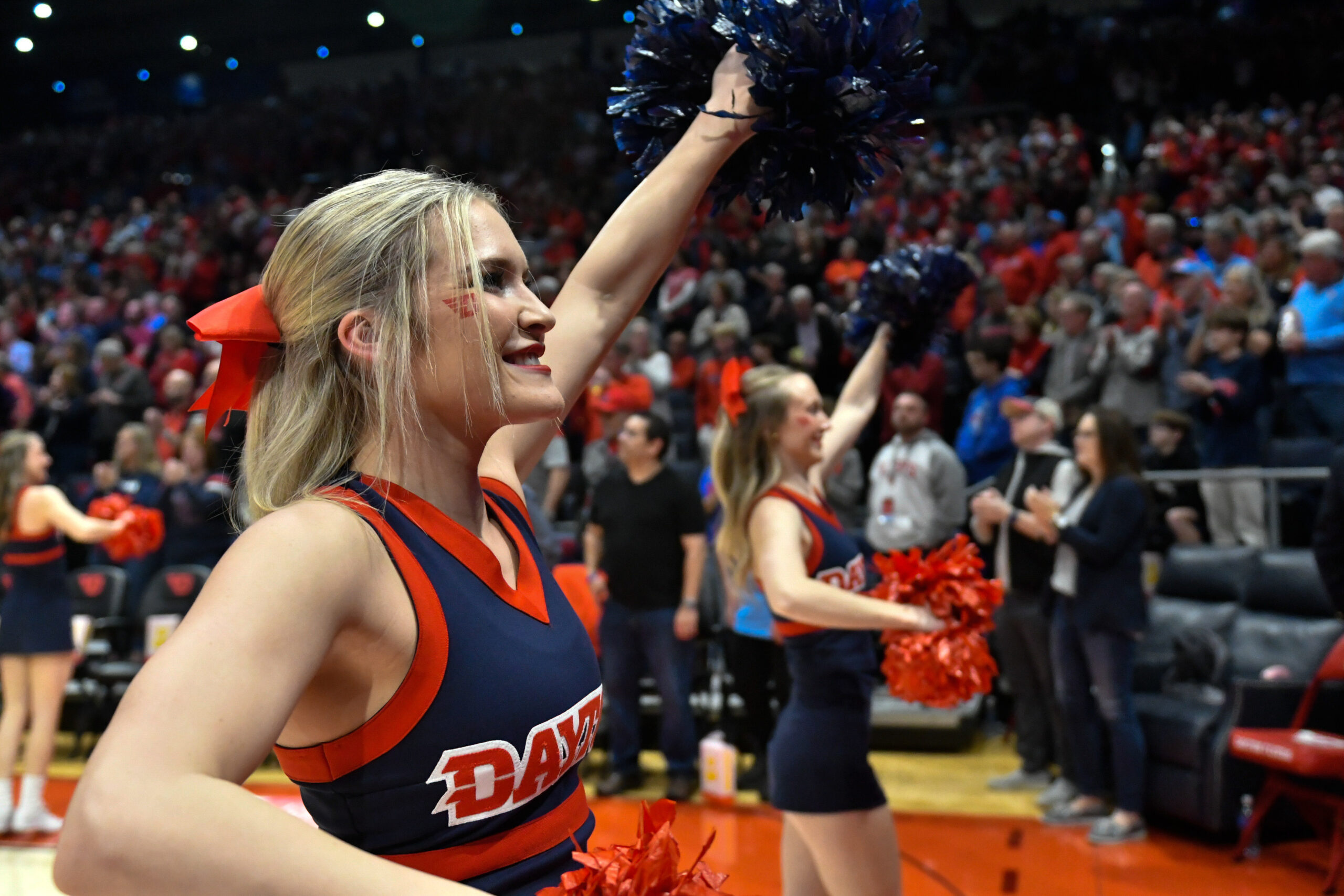 Feb 27, 2024; Dayton, Ohio, USA;  The Dayton Flyers cheerleaders perform before the game against the Davidson Wildcats at University of Dayton Arena. Mandatory Credit: Matt Lunsford-Imagn Images