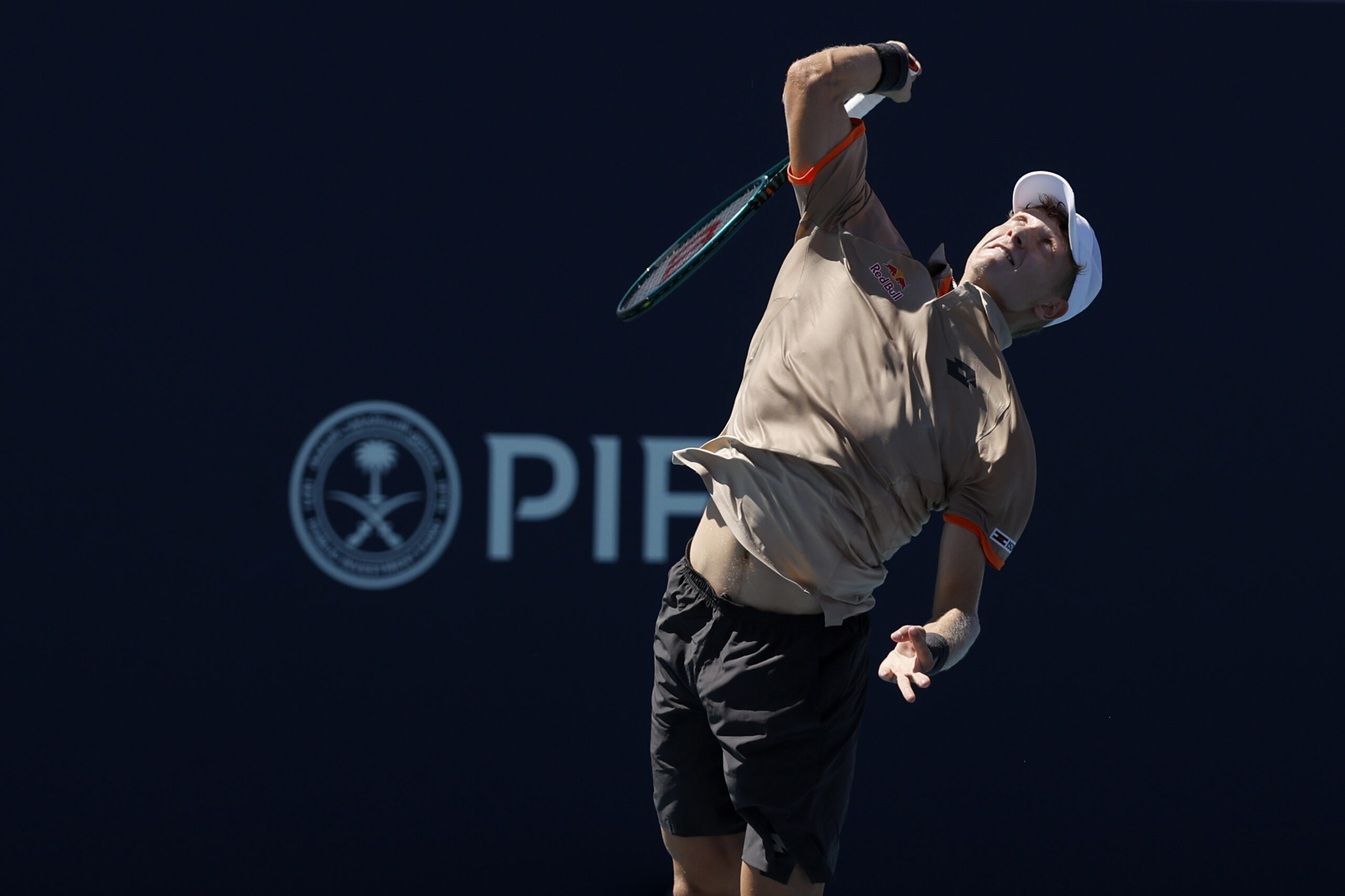 Mar 24, 2024; Miami Gardens, FL, USA; Martin Landaluce (ITA) serves against Ben Shelton (USA) (not pictured) on day seven of the Miami Open at Hard Rock Stadium. Mandatory Credit: Geoff Burke-Imagn Images