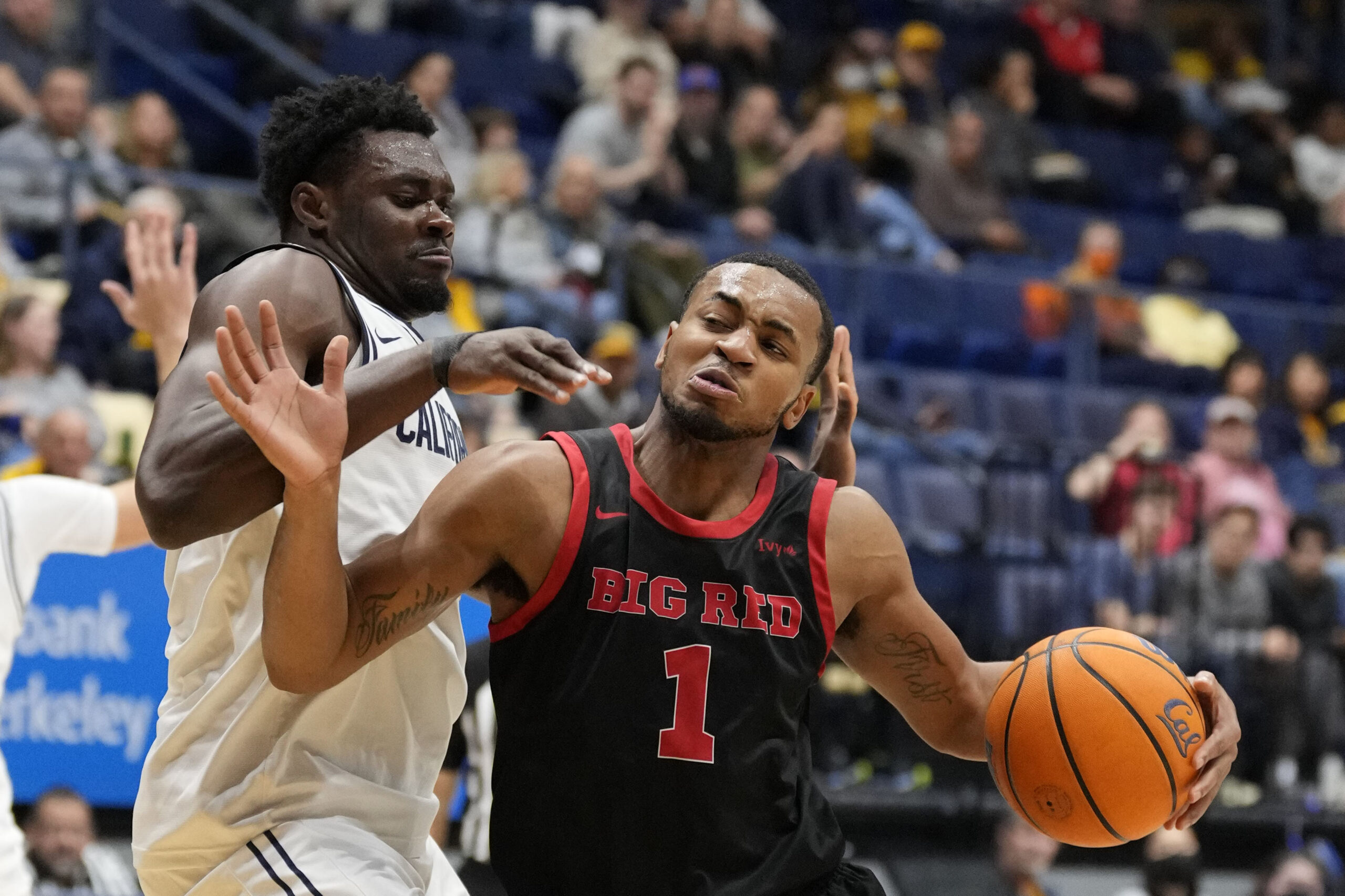 December 10, 2024; Berkeley, California, USA; Cornell Big Red guard Nazir Williams (1) dribbles the basketball against California Golden Bears center Mady Sissoko (12) during the second half at Haas Pavilion. Mandatory Credit: Kyle Terada-Imagn Images