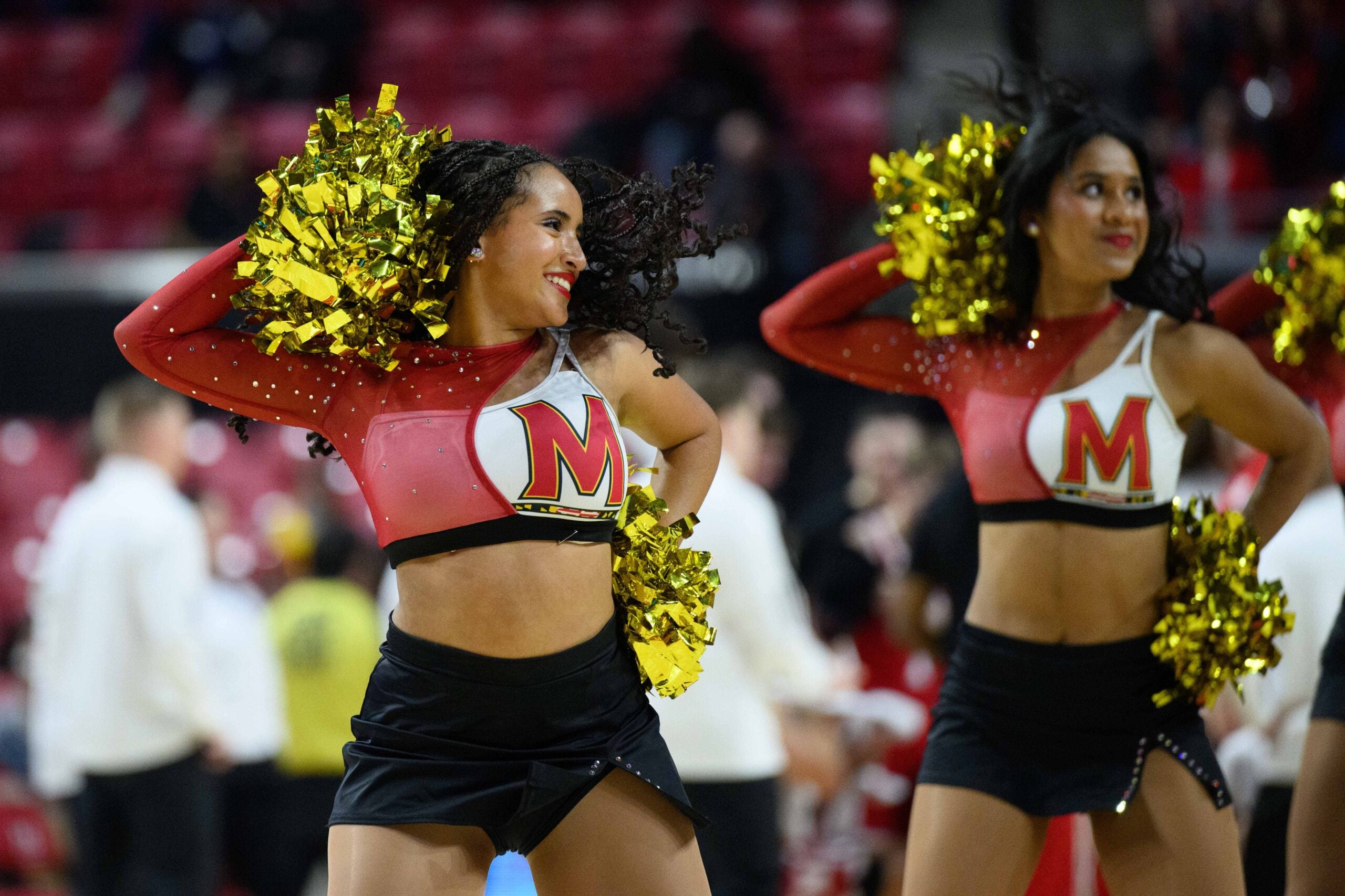 Jan 19, 2025; College Park, Maryland, USA; Maryland Terrapins cheerleaders perform during the first half at the game between the Maryland Terrapins and the Nebraska Cornhuskers at Xfinity Center. Mandatory Credit: Reggie Hildred-Imagn Images