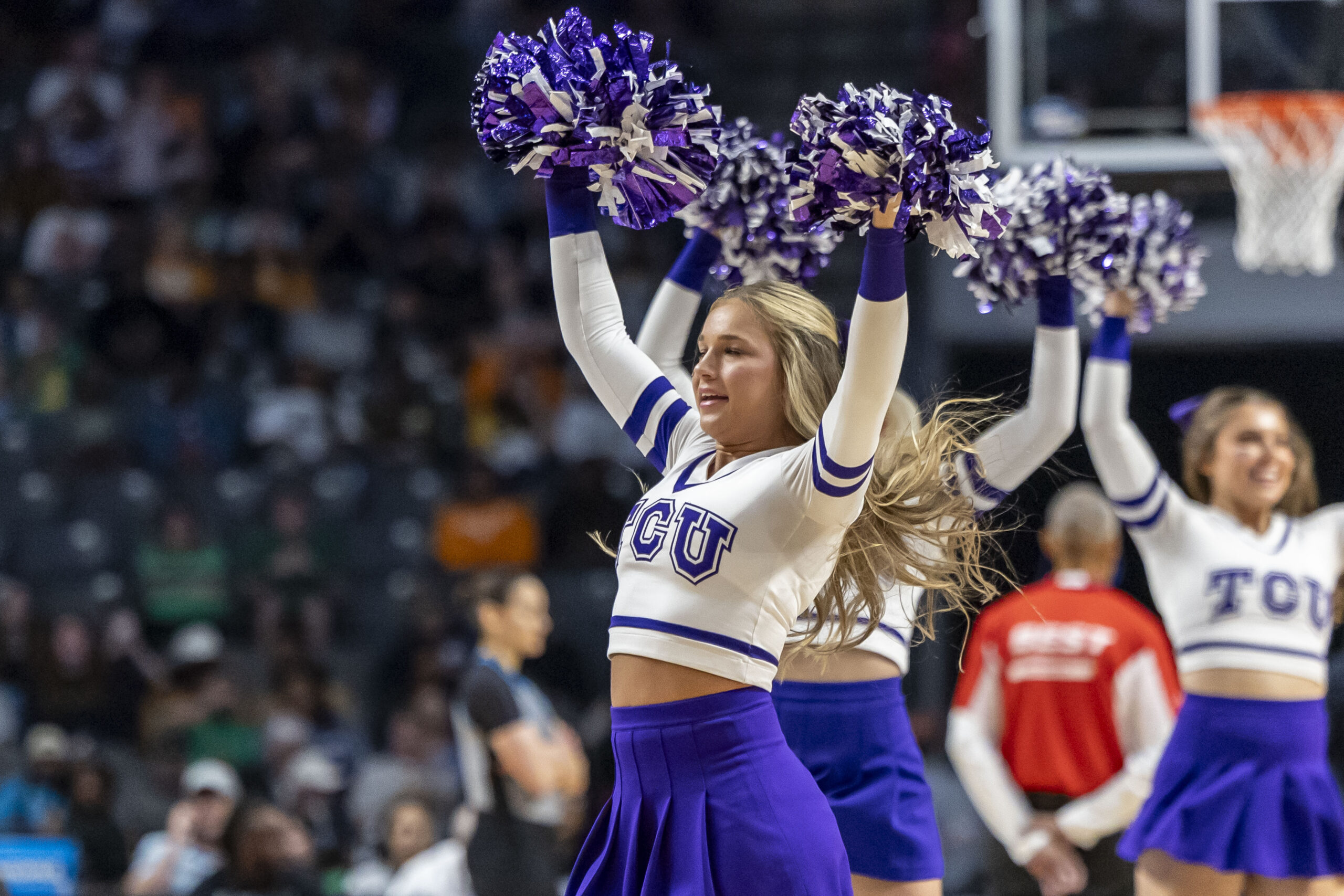 Mar 29, 2025; Birmingham, AL, USA; The TCU Horned Frogs cheerleaders perform during the first half of a Sweet 16 NCAA Tournament basketball game against the Notre Dame Fighting Irish at Legacy Arena. Mandatory Credit: Vasha Hunt-Imagn Images