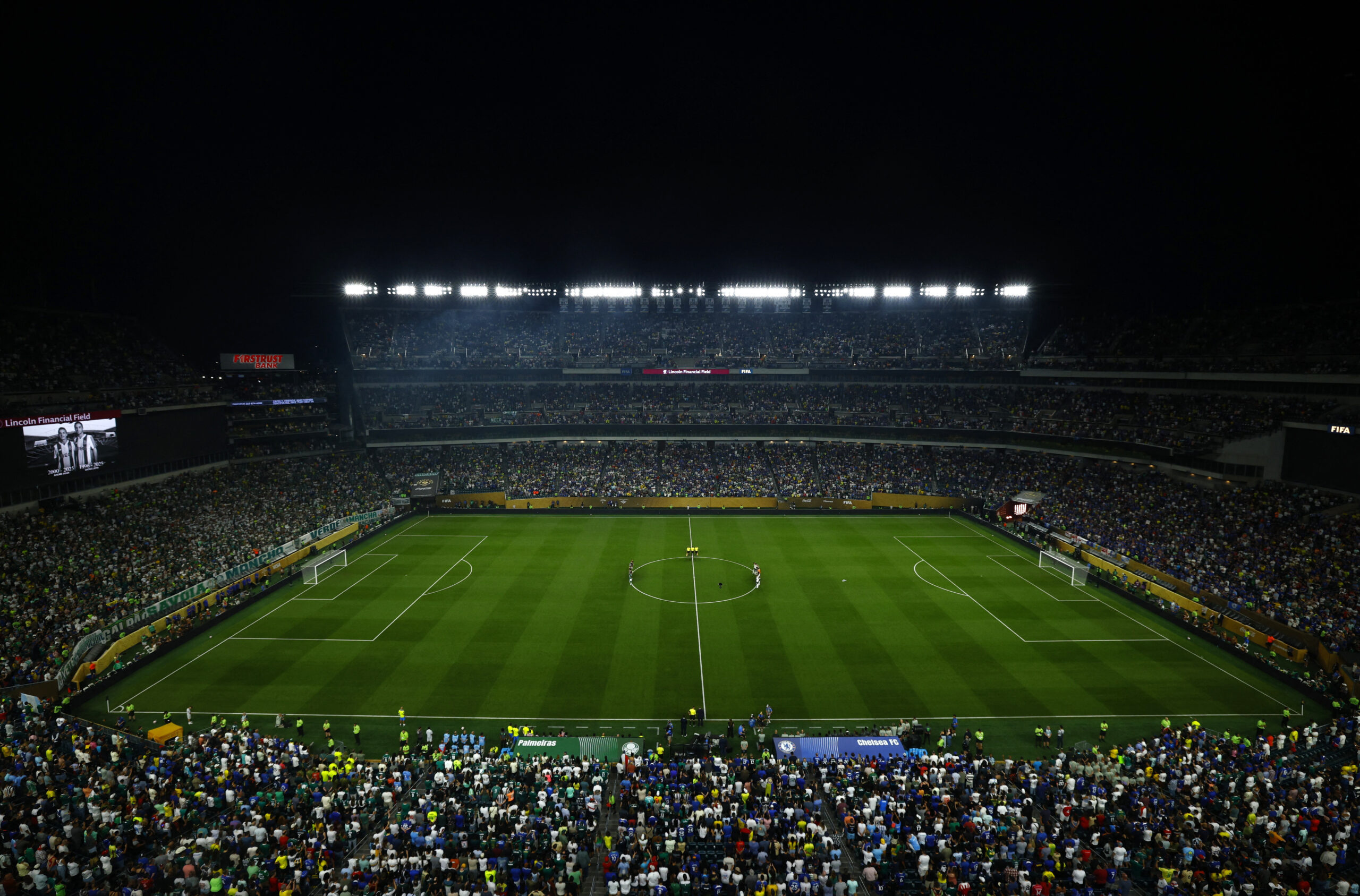 [Subscription Customers Only] Jul 4, 2025; Philadelphia, Pennsylvania, USA; General view during a minutes silence in tribute to Liverpool forward Diogo Jota and his brother Andre Silva before a quarterfinal match of the 2025 FIFA Club World Cup at Lincoln Financial Field. Mandatory Credit: Susana Vera-Reuters via Imagn Images