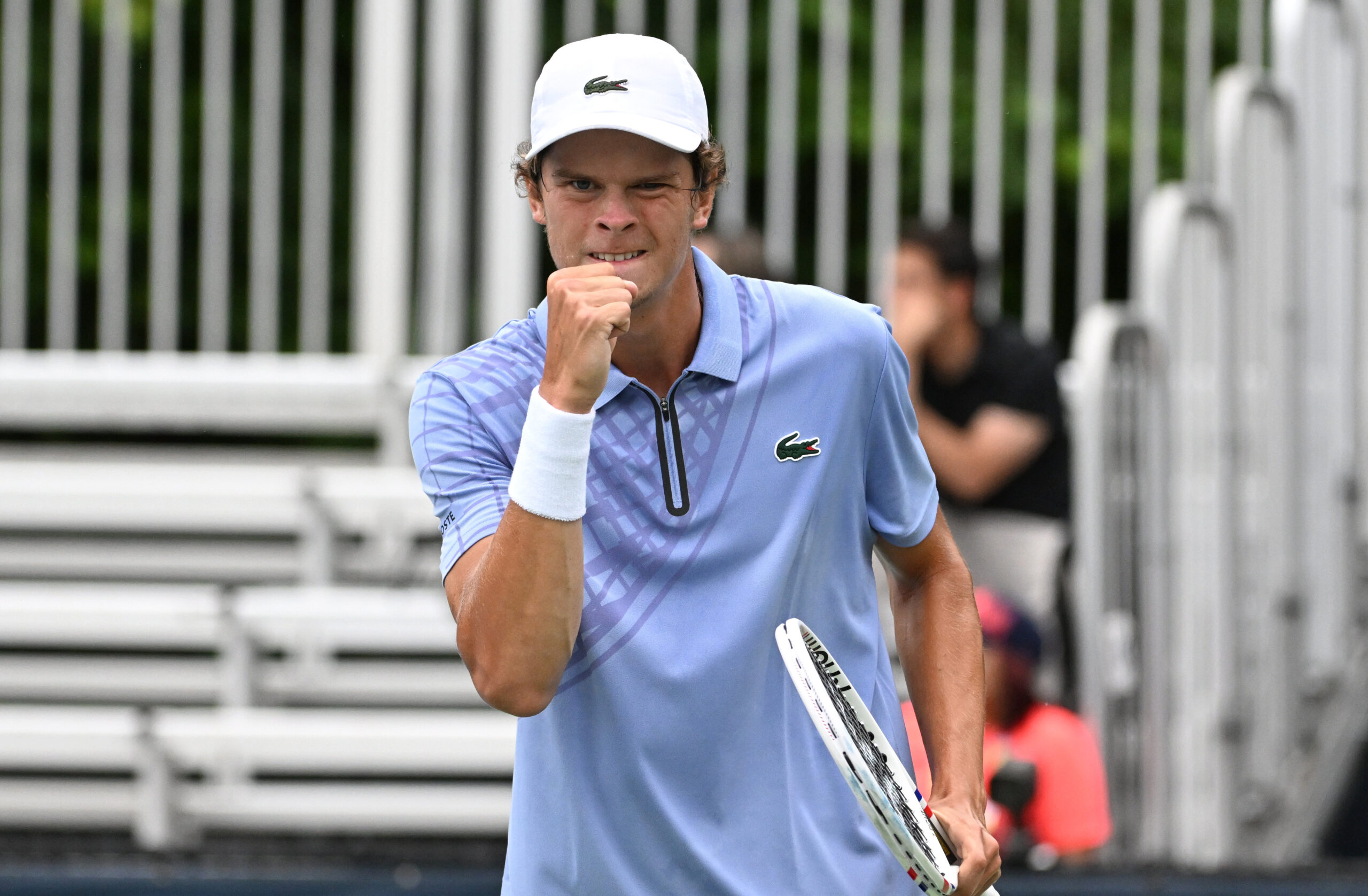 Jul 26, 2025; Toronto, ON, Canada;  Alexander Blockx (BEL) reacts ater winning a point against Duje Ajdukovic (CRO) during qualifying play at Sobeys Stadium. Mandatory Credit: Dan Hamilton-Imagn Images