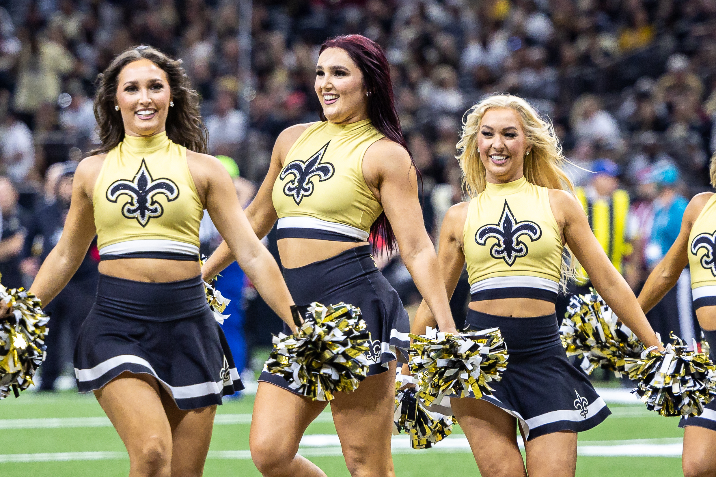 Sep 7, 2025; New Orleans, Louisiana, USA; New Orleans Saints cheerleaders perform for the fans on a time out against the Arizona Cardinals during the first half at Caesars Superdome. Mandatory Credit: Stephen Lew-Imagn Images