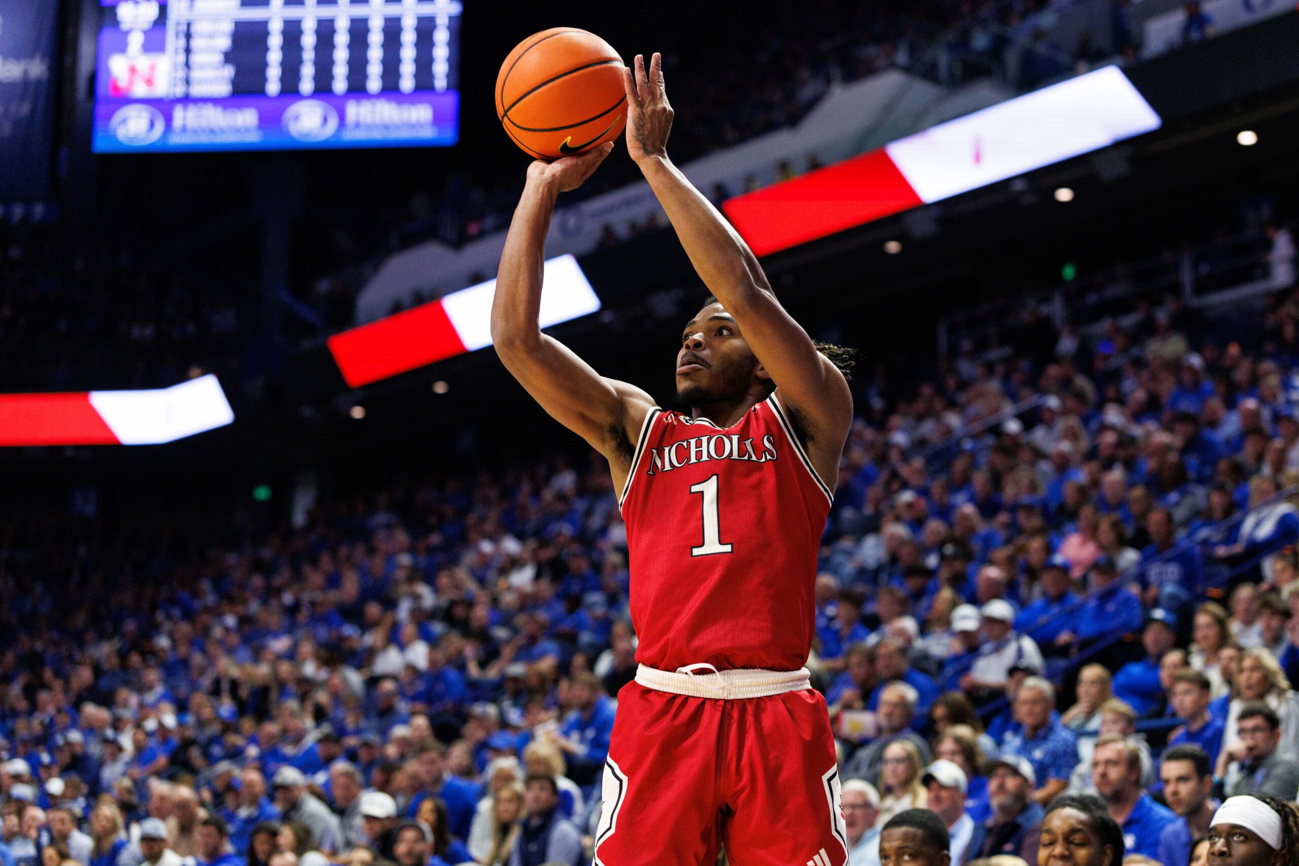 Nov 4, 2025; Lexington, Kentucky, USA; Nicholls Colonels guard Trae English (1) shoots the ball during the first half against the Kentucky Wildcats at Rupp Arena at Central Bank Center. Mandatory Credit: Jordan Prather-Imagn Images