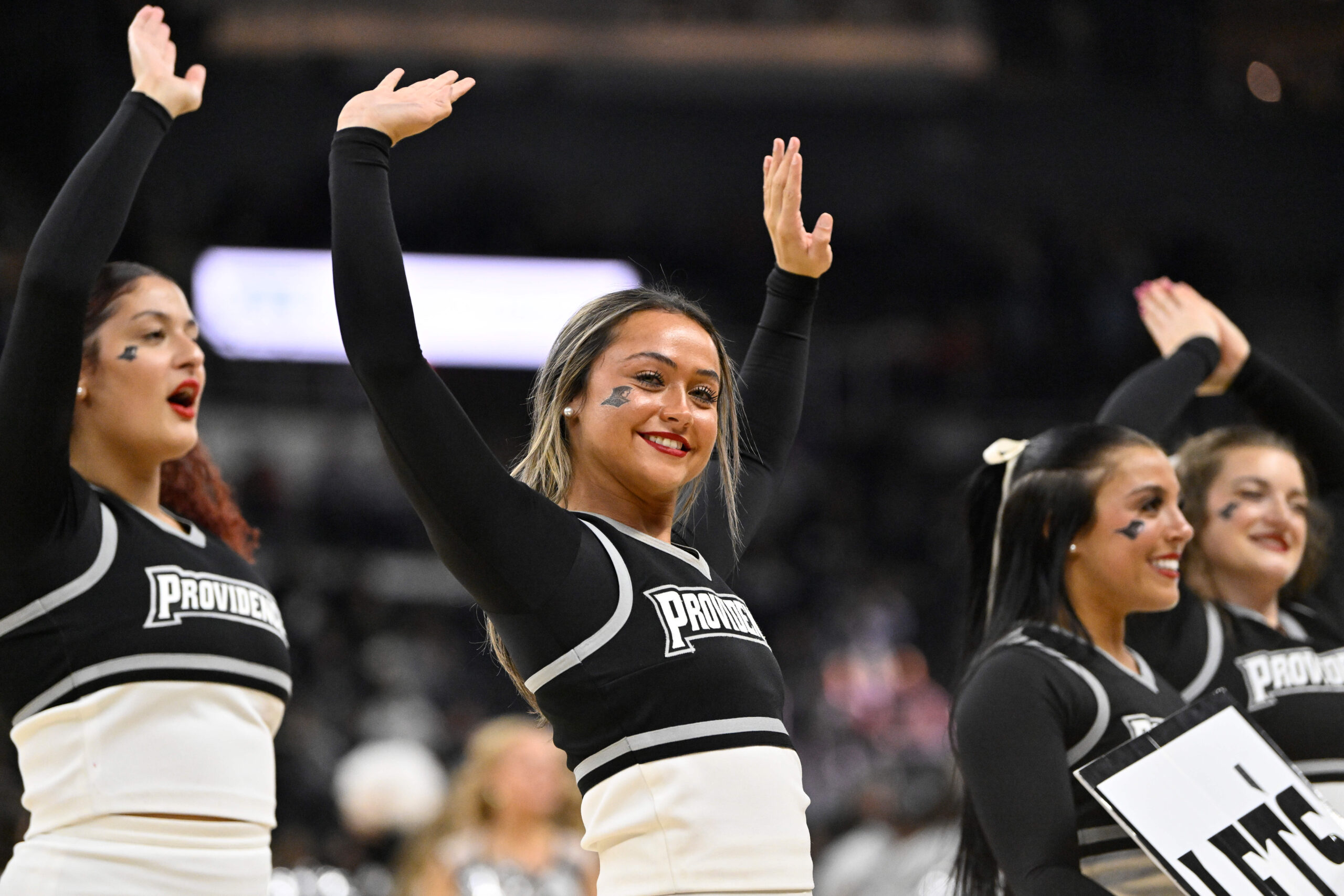 Nov 18, 2025; Providence, Rhode Island, USA; The Providence Friars cheerleaders entertain fans during the second half against the New Hampshire Wildcats at Amica Mutual Pavilion. Mandatory Credit: Eric Canha-Imagn Images
