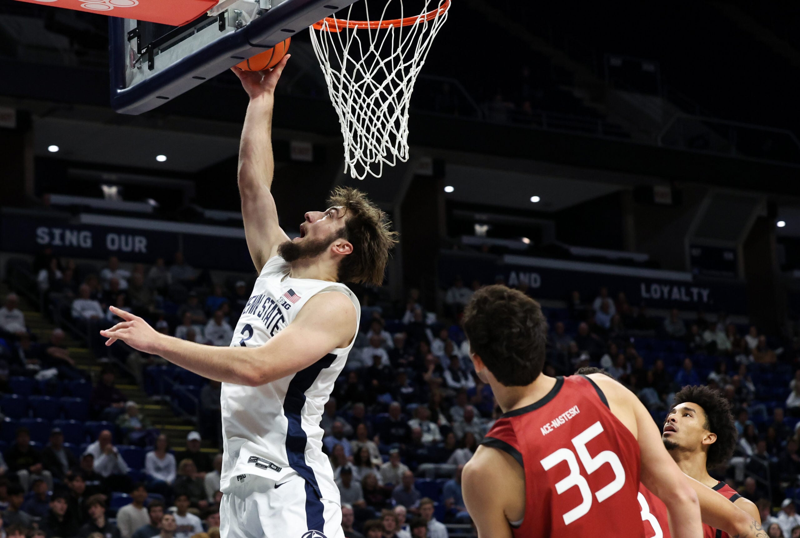Nov 19, 2025; University Park, Pennsylvania, USA; Penn State Nittany Lions forward Ivan Juric (3) shoots a layup  during the first half against the Harvard Crimson at Bryce Jordan Center. Mandatory Credit: Matthew O'Haren-Imagn Images