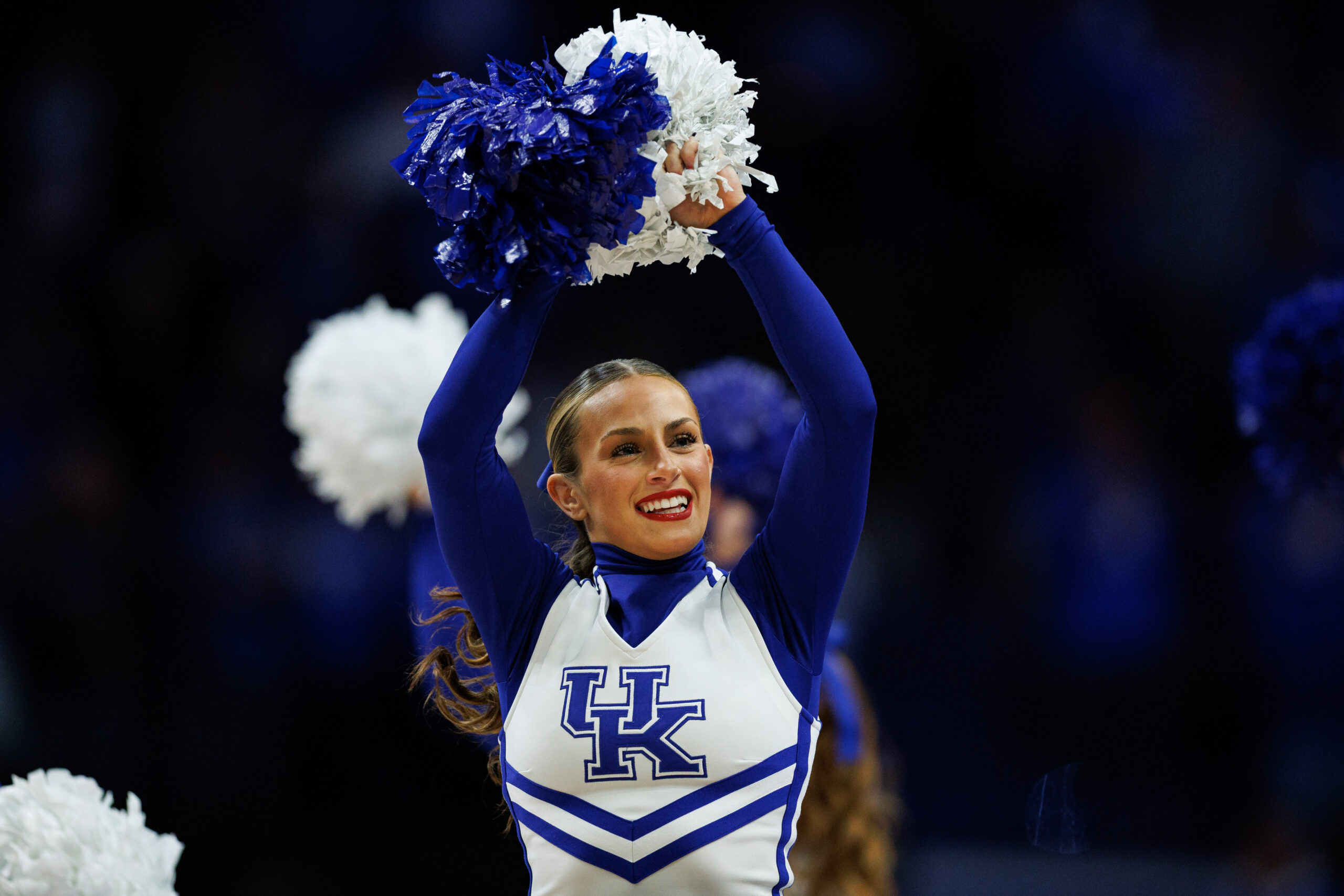 Nov 26, 2025; Lexington, Kentucky, USA; Kentucky Wildcats cheerleaders perform before the game against the Tennessee Tech Golden Eagles at Rupp Arena at Central Bank Center. Mandatory Credit: Jordan Prather-Imagn Images
