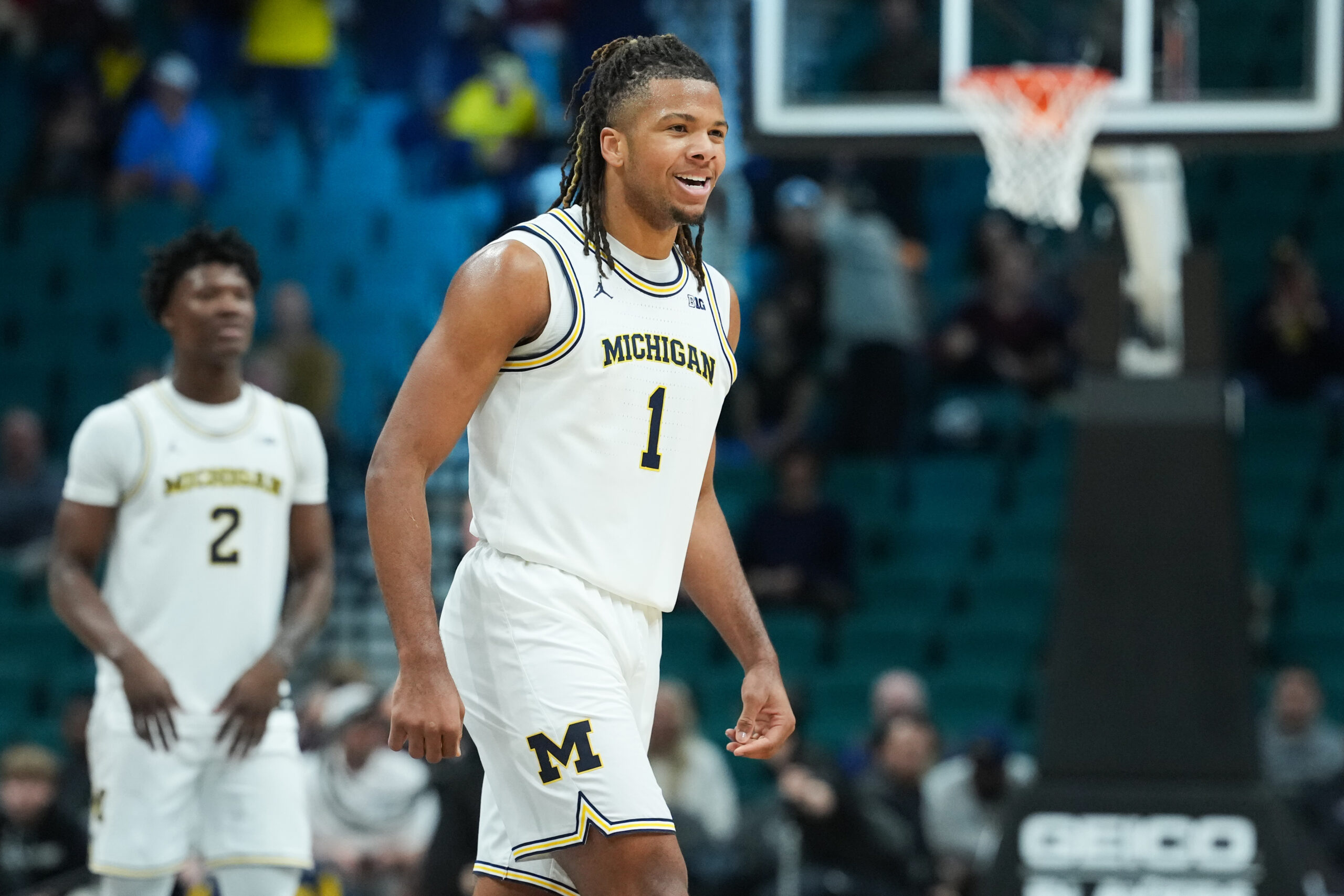 Nov 26, 2025; Las Vegas, NV, USA; Michigan Wolverines guard Trey McKenney (1) reacts in the second half against the Gonzaga Bulldogs in the 2025 Players Era Festival championship game at MGM Grand Garden Arena. Mandatory Credit: Kirby Lee-Imagn Images
