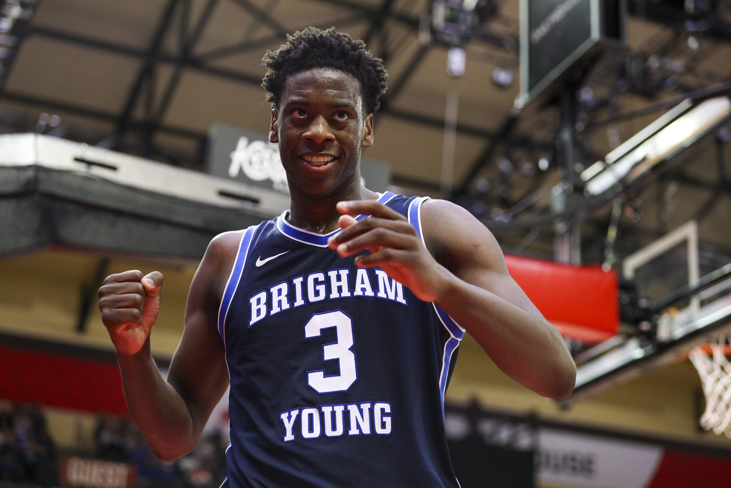 Nov 27, 2025; Kissimmee, Florida, USA; Brigham Young University Cougars forward AJ Dybantsa (3) reacts after play against the Miami (FL) Hurricanes in the second half at State Farm Field House. Mandatory Credit: Nathan Ray Seebeck-Imagn Images