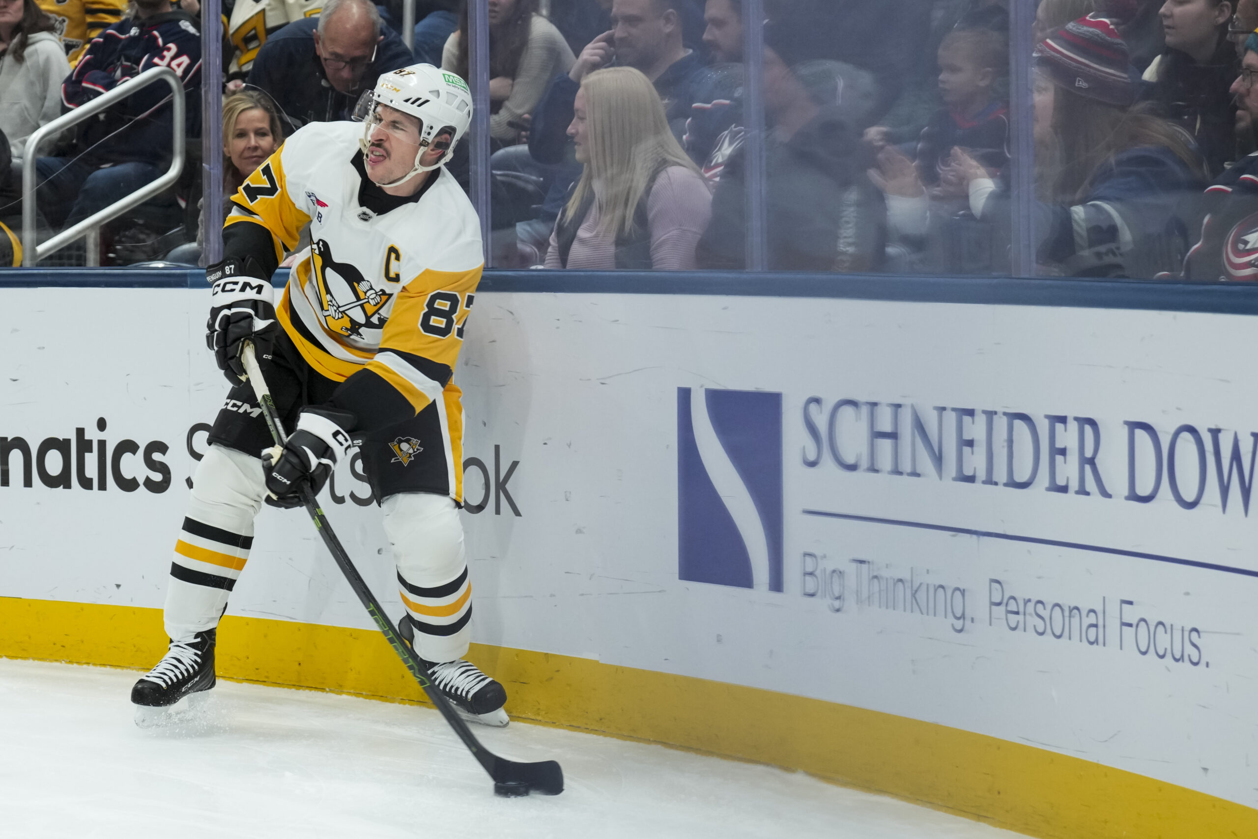 Nov 28, 2025; Columbus, Ohio, USA;  Pittsburgh Penguins center Sidney Crosby (87) skates with the puck against the Columbus Blue Jackets in the first period at Nationwide Arena. Mandatory Credit: Aaron Doster-Imagn Images