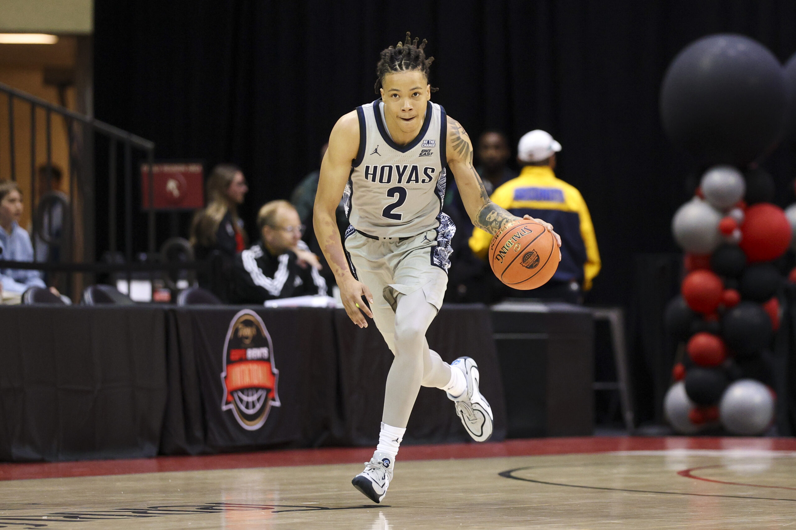 Nov 28, 2025; Kissimmee, FL, USA; Georgetown Hoyas guard Malik Mack (2) controls the ball against the Miami (FL) Hurricanes in the first half during the ESPN Events Invitational at State Farm Field House. Mandatory Credit: Nathan Ray Seebeck-Imagn Images