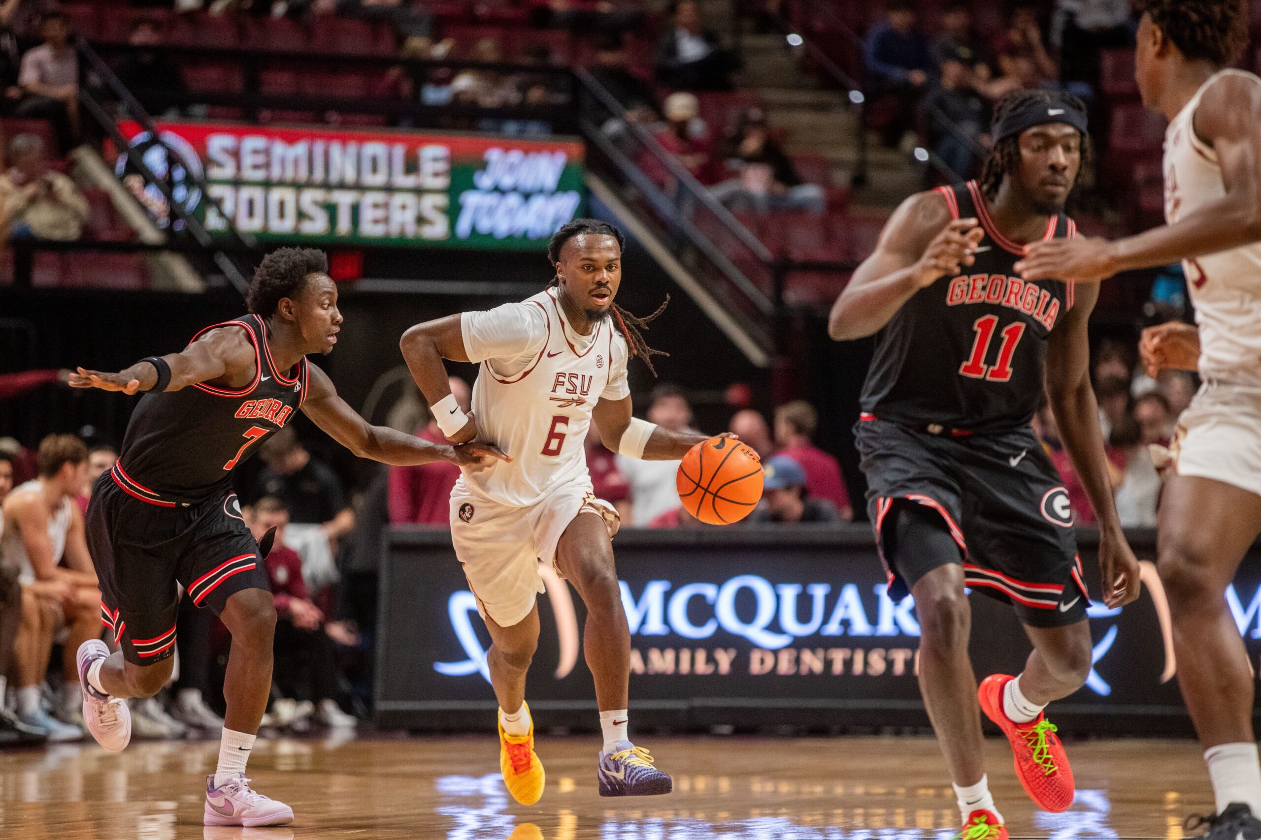 Florida State Seminoles guard Robert McCray V (6) brings the ball down the court. The Florida State Seminoles hosted the Georgia Bulldogs at the Tucker Civic Center for a men’s basketball game Tuesday, Dec. 2, 2025.