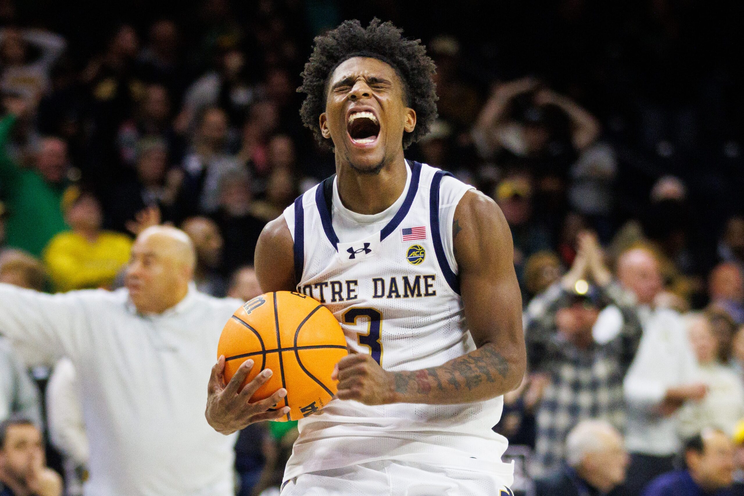 Notre Dame guard Markus Burton celebrates during a NCAA men's basketball game against Missouri at Purcell Pavilion on Tuesday, Dec. 2, 2025, in South Bend.