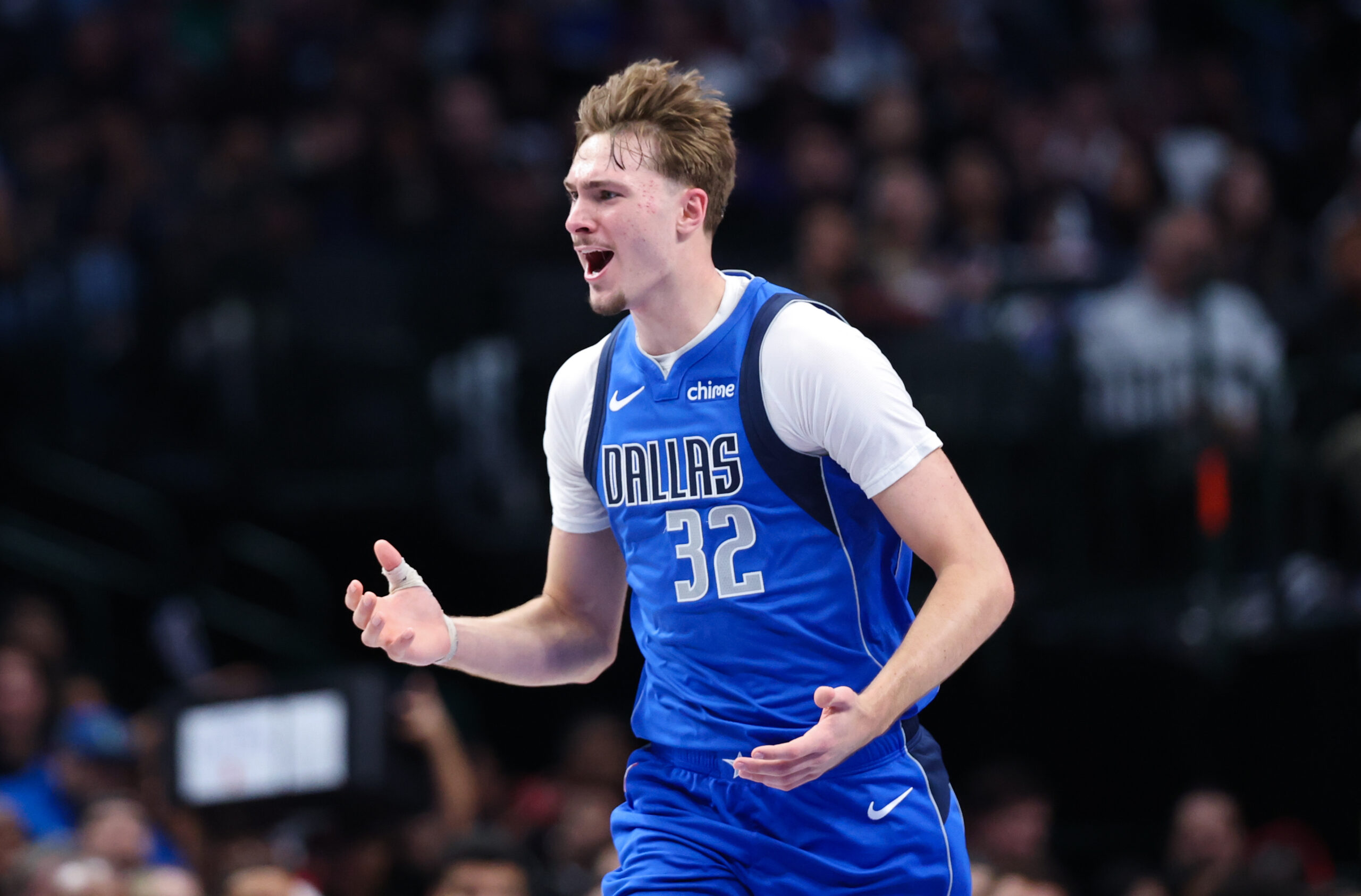 Dec 3, 2025; Dallas, Texas, USA; Dallas Mavericks forward Cooper Flagg (32) reacts against the Miami Heat  during the second half at American Airlines Center. Mandatory Credit: Kevin Jairaj-Imagn Images