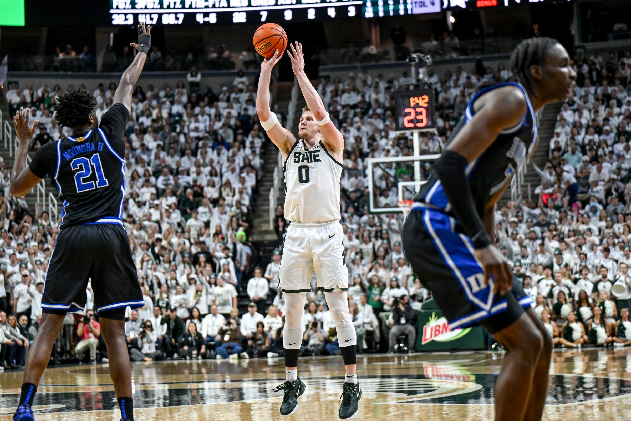 Michigan State's Jaxon Kohler makes a 3-pointer against Duke during the first half on Saturday, Dec. 6, 2025, at the Breslin Center in East Lansing.