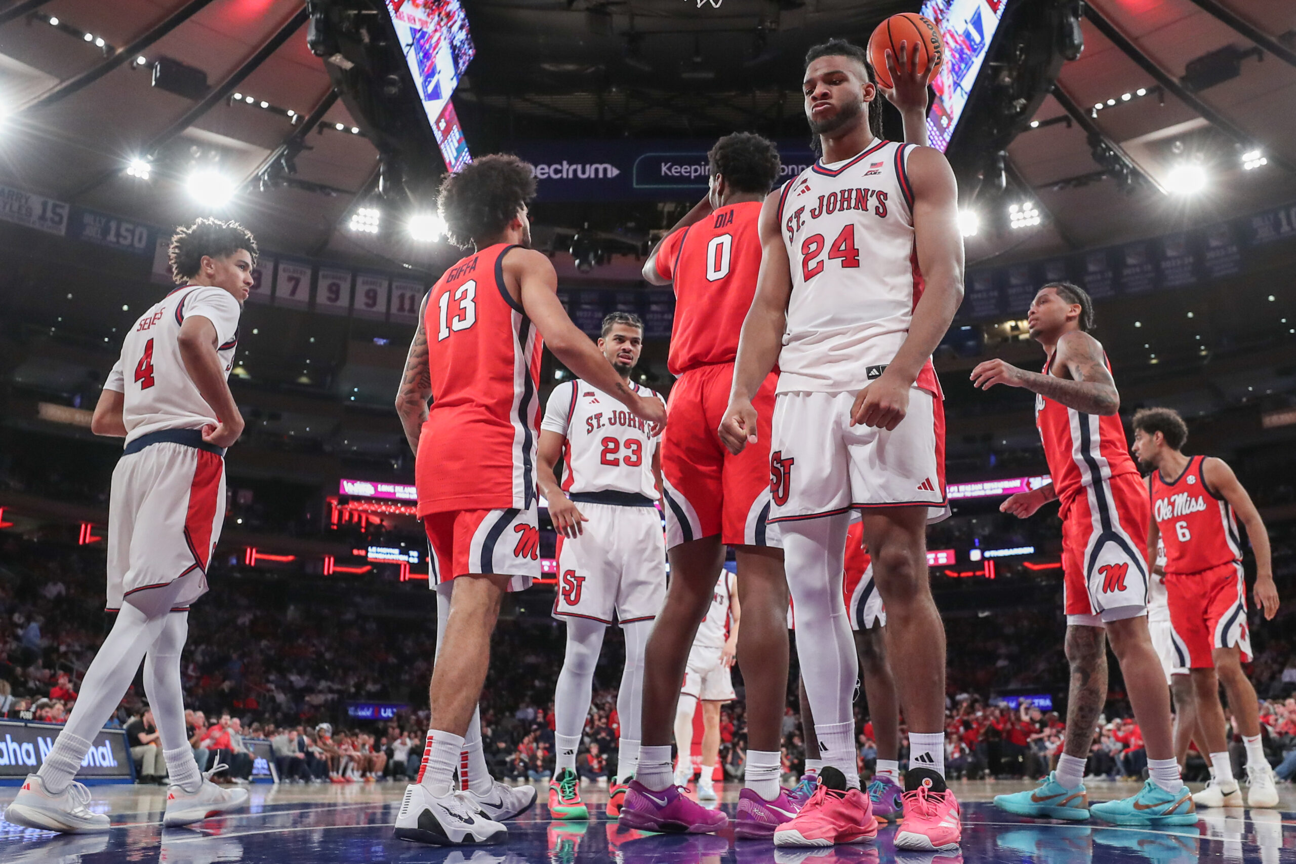 Dec 6, 2025; New York, New York, USA;  St. John's Red Storm forward Zuby Ejiofor (24) gestures after getting fouled on a made basket in the second half against the Mississippi Rebels at Madison Square Garden. Mandatory Credit: Wendell Cruz-Imagn Images