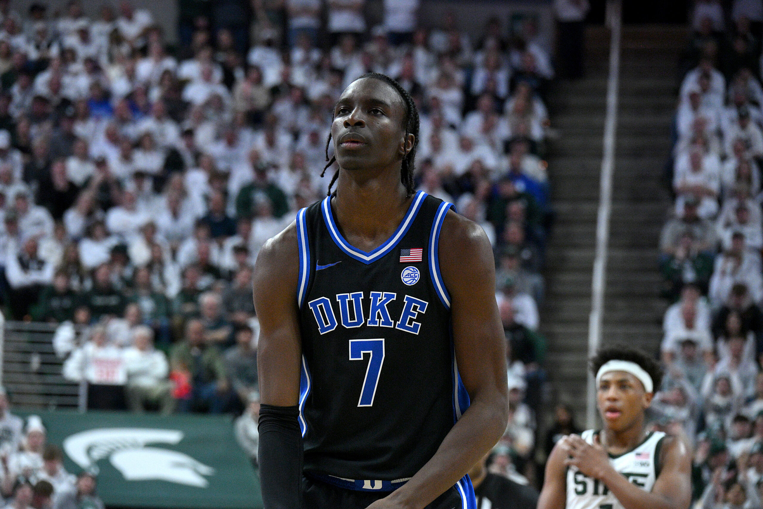 Dec 6, 2025; East Lansing, Michigan, USA;  Duke Blue Devils guard Dame Sarr (7) during the first half against the Michigan State Spartans at Jack Breslin Student Events Center. Mandatory Credit: Dale Young-Imagn Images