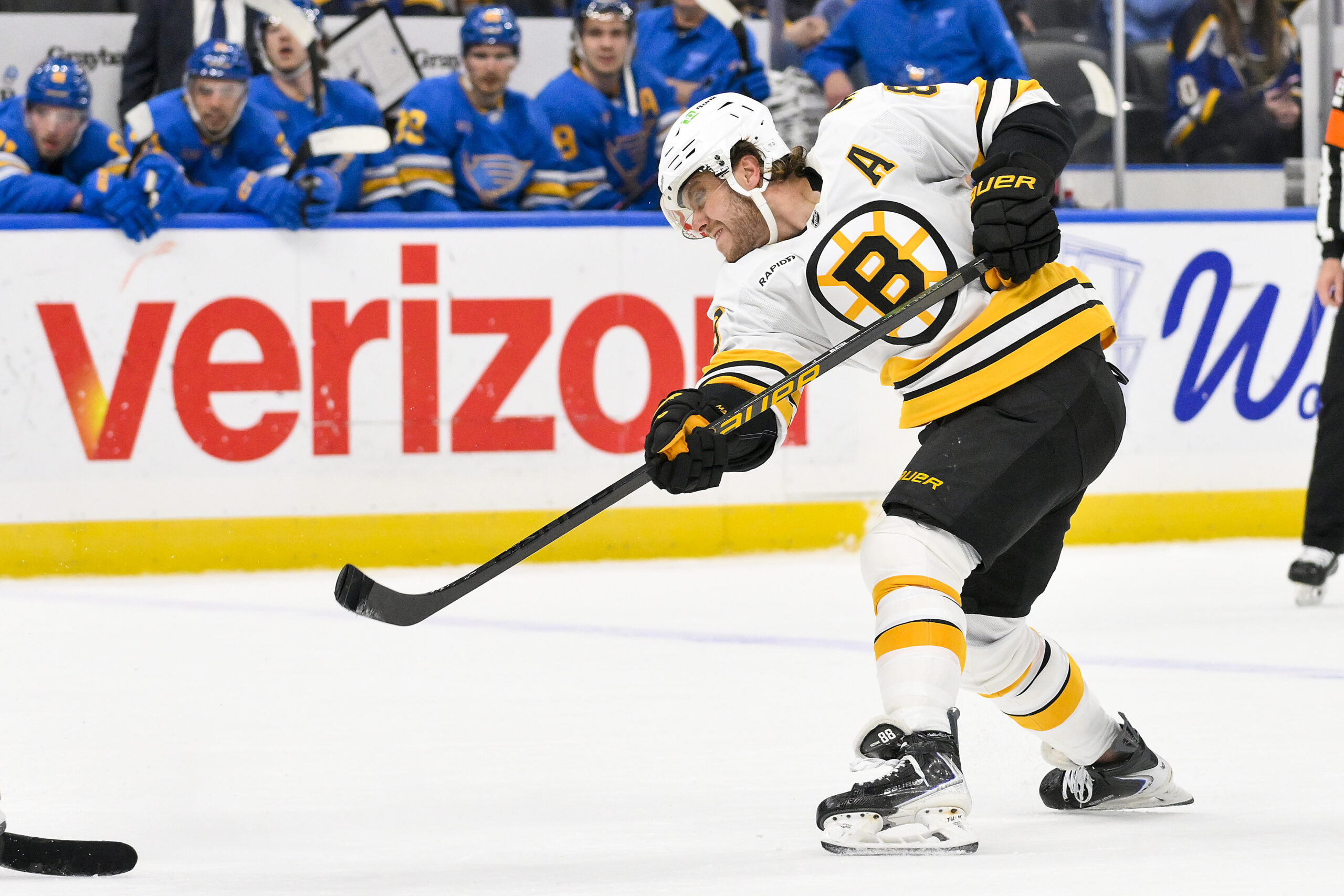 Dec 9, 2025; St. Louis, Missouri, USA; Boston Bruins right wing David Pastrnak (88) shoots against the St. Louis Blues during the first period at Enterprise Center. Mandatory Credit: Jeff Curry-Imagn Images